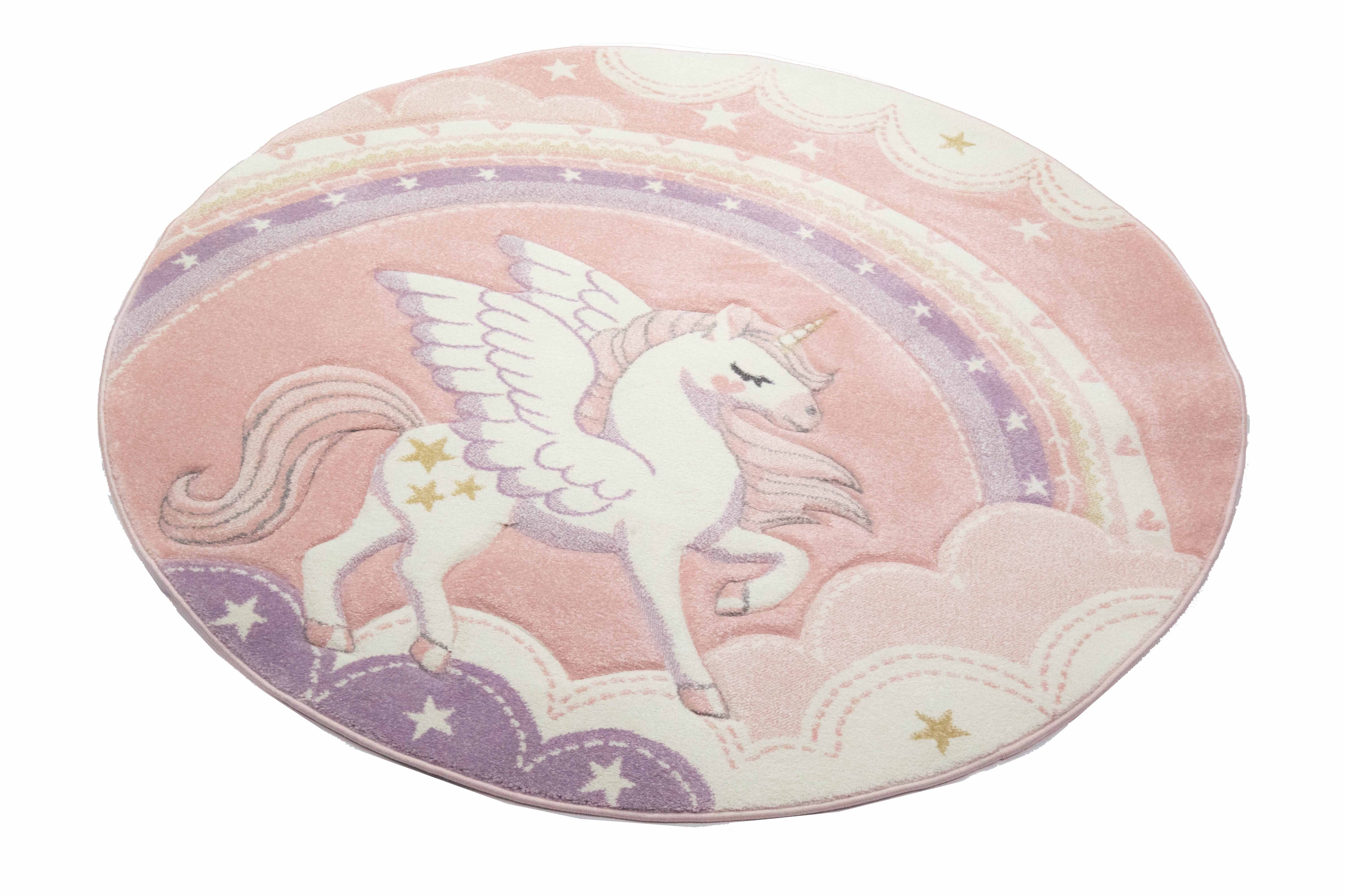 Carpetia Kinderteppich Spiel Teppich Kinderzimmer Himmel Wolken Regenbogen Einhorn rosa creme, rund, Höhe: 1.3 mm