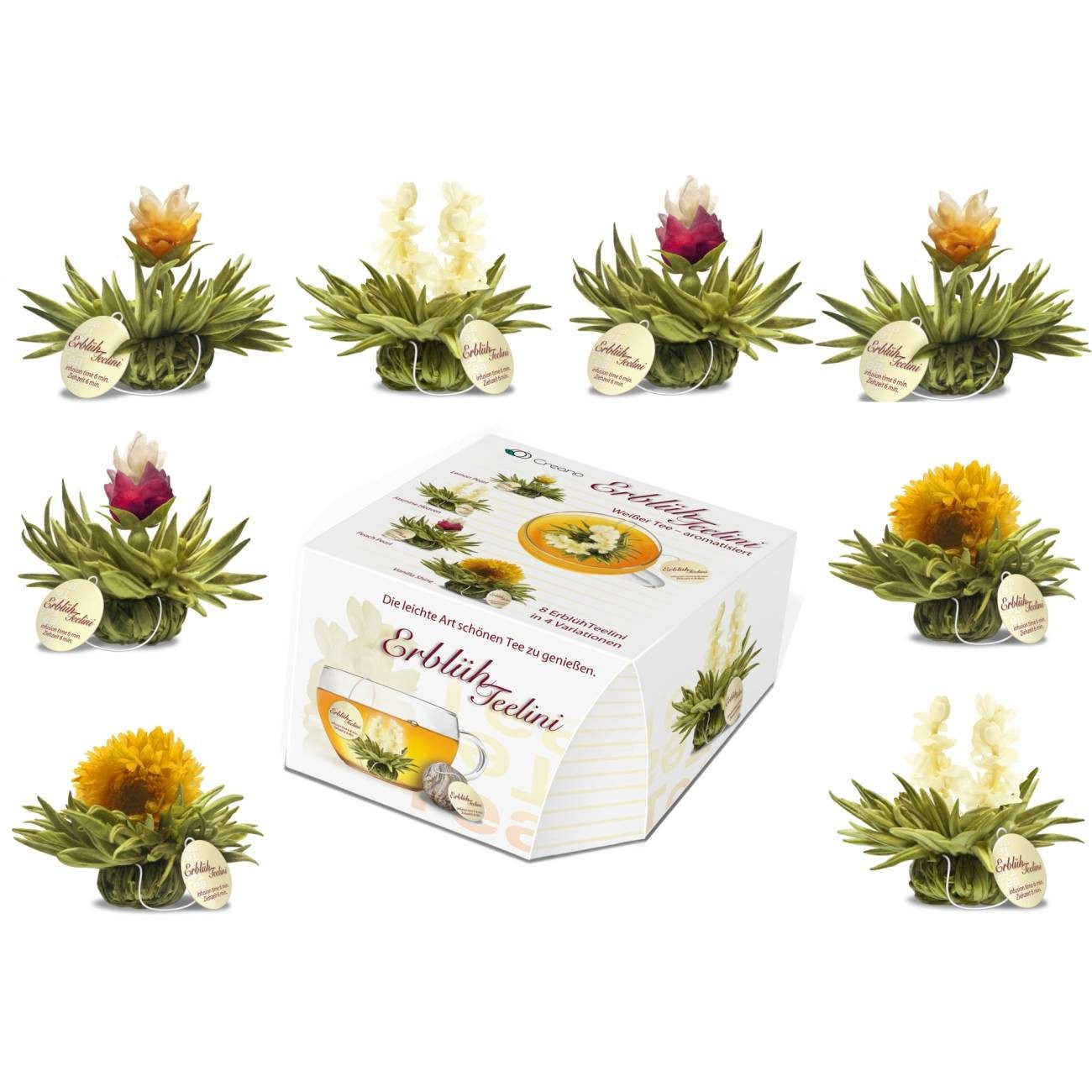 Creano Tee Tassenformat "ErblühTeelini" - 8 Teeblüten in 4 Sorten (Weißer Tee), 1 x 8 St.