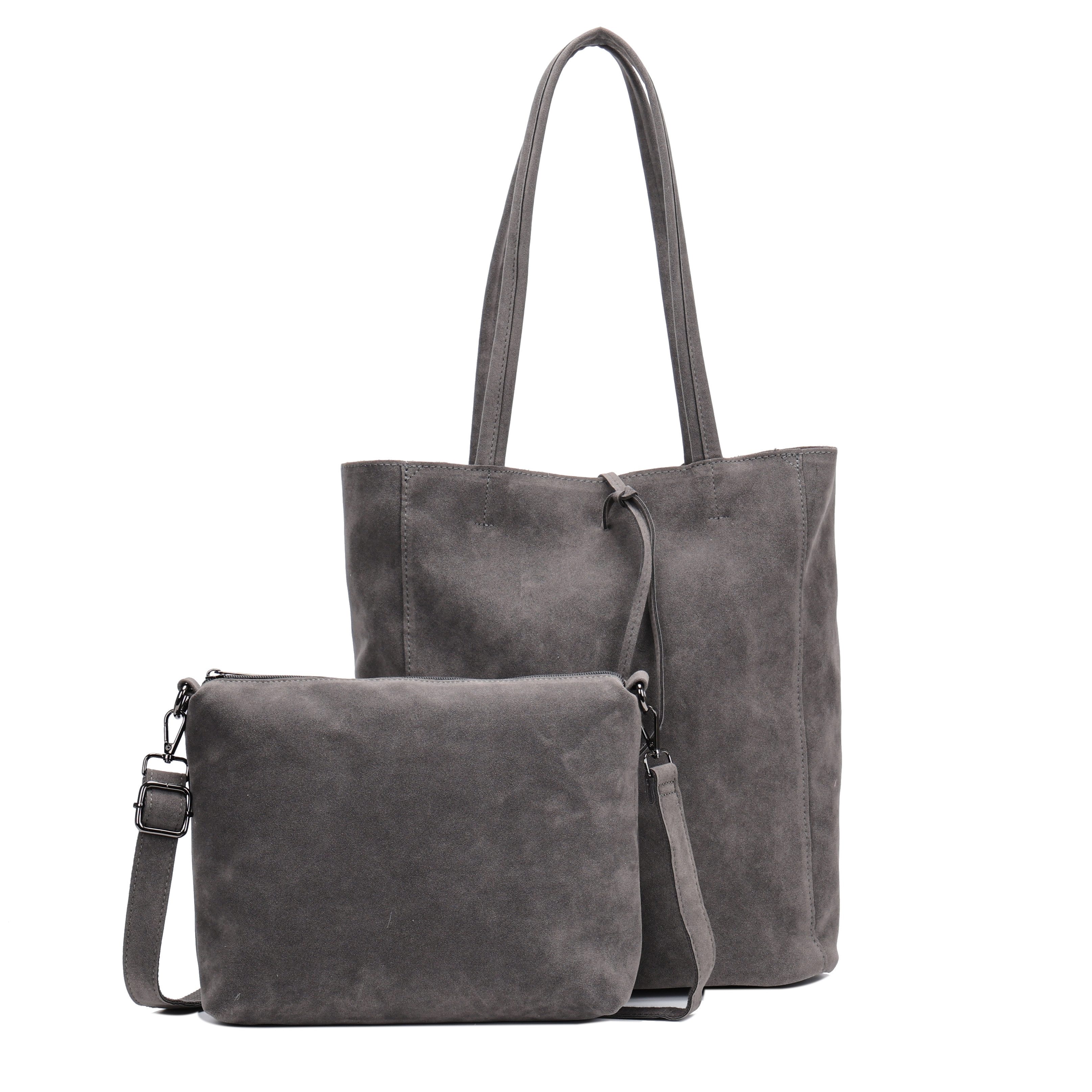 Shopper Damen Tasche 2-teilig Wildleder-Optik aus Stoff