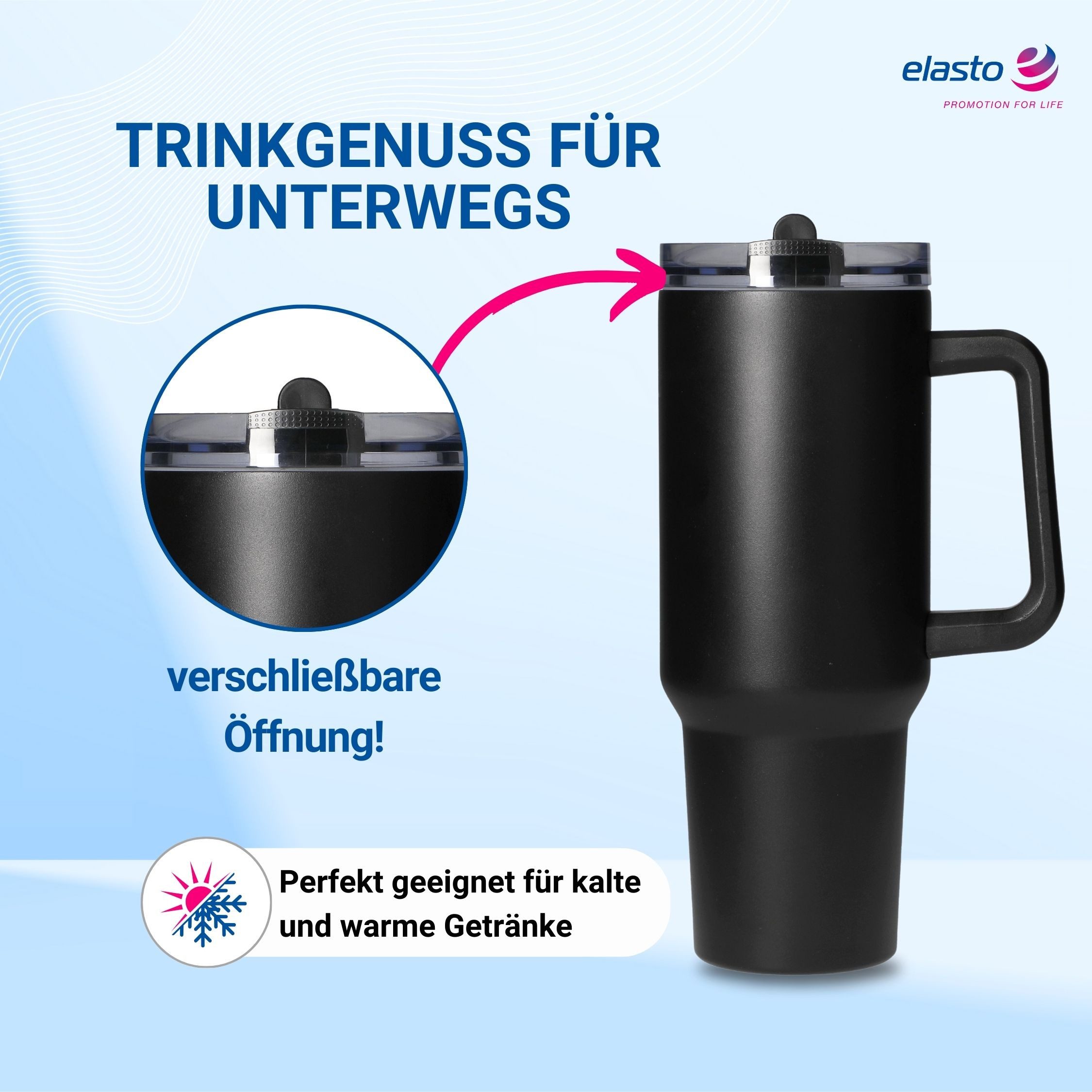 elasto Becher Edelstahl Trinkbecher mit Deckel und Strohhalm 1,2 Liter, isoliert, robust, für unterwegs