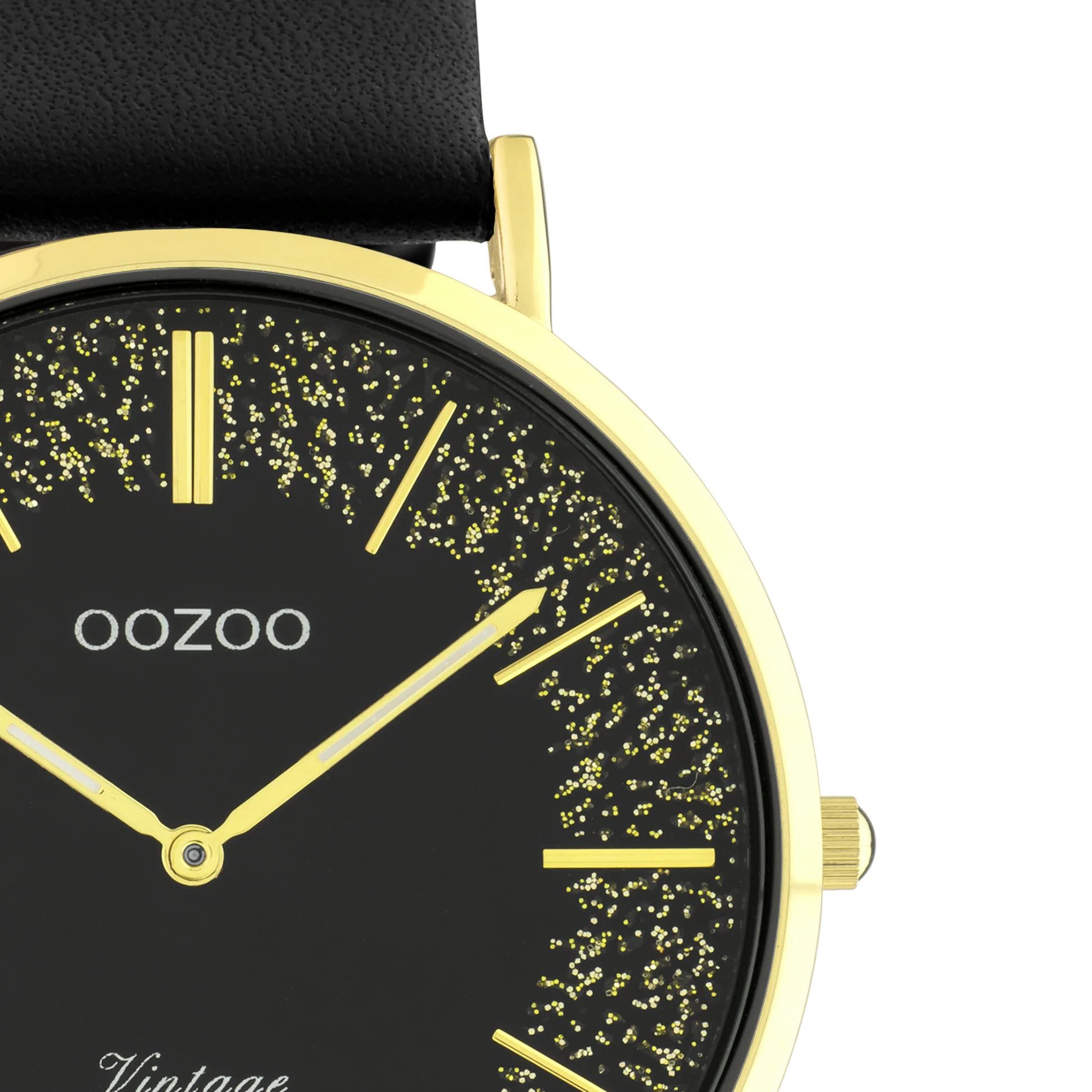 OOZOO Quarzuhr Vintage Damenuhr C20185 IP-Gold Glitzer Lederband Schwarz 40 mm C20185