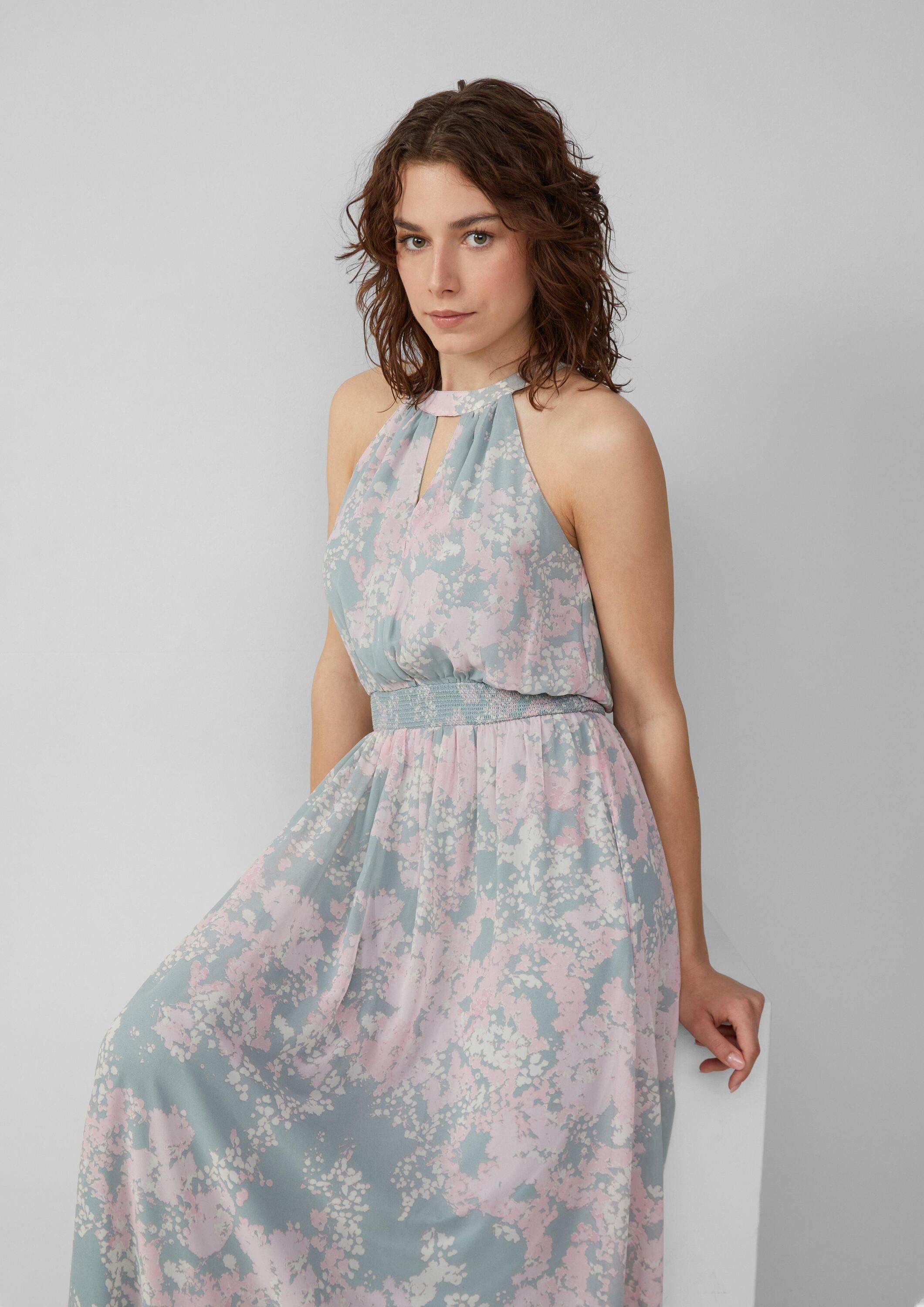 QS Maxikleid Kleid Langes Chiffonkleid mit Smok-Detail