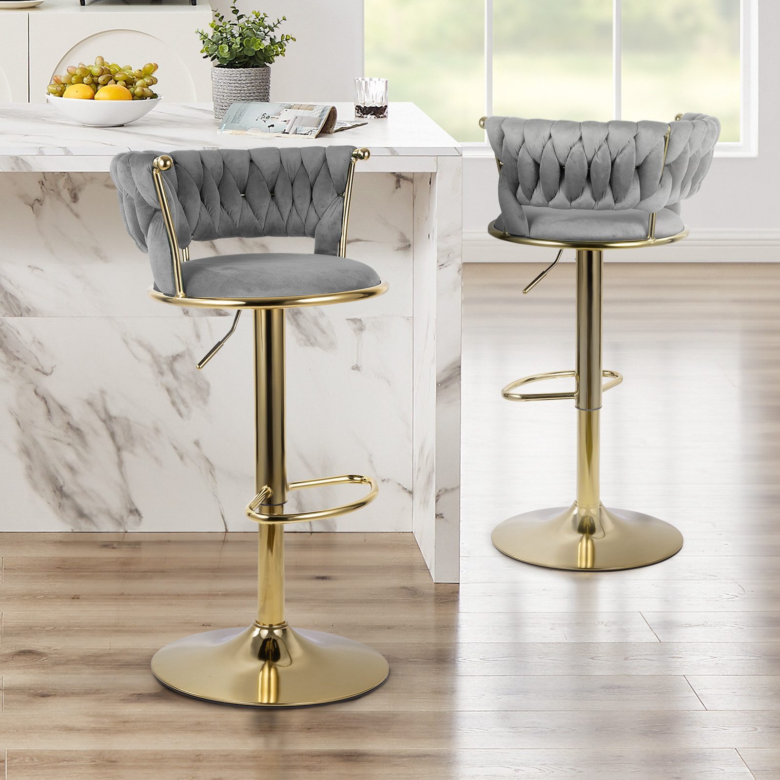 HawthyHome Barhocker Barstuhl mit Rückenlehne und Fußstütze höhenverstellbar drehbar (2 St), mit goldener Metallbasis, Dunkelgrau