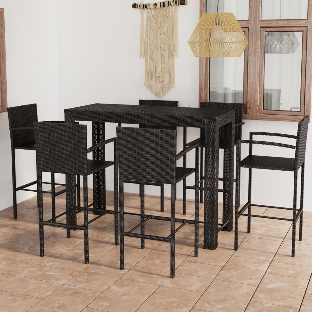 vidaXL Gartenlounge-Set 7-tlg. Garten-Bar-Set mit Armlehnen Poly Rattan Schwarz, (7-tlg)