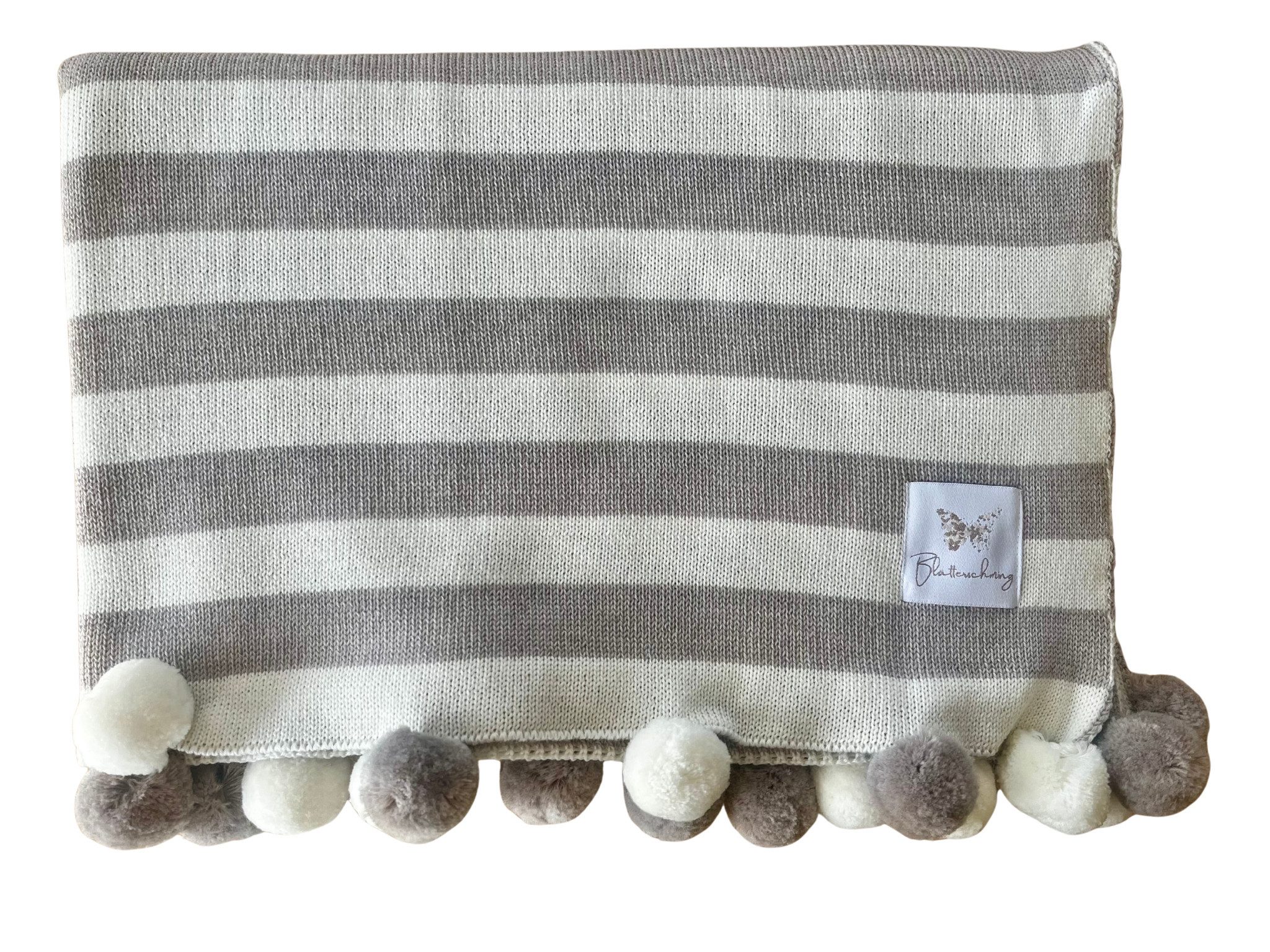 Babydecke Merino gestreift mit Pom Pom 75x100cm, Blätterschming, Decke für Kinderwagen, Schlafdecke, Geschenk zur Geburt & Taufe
