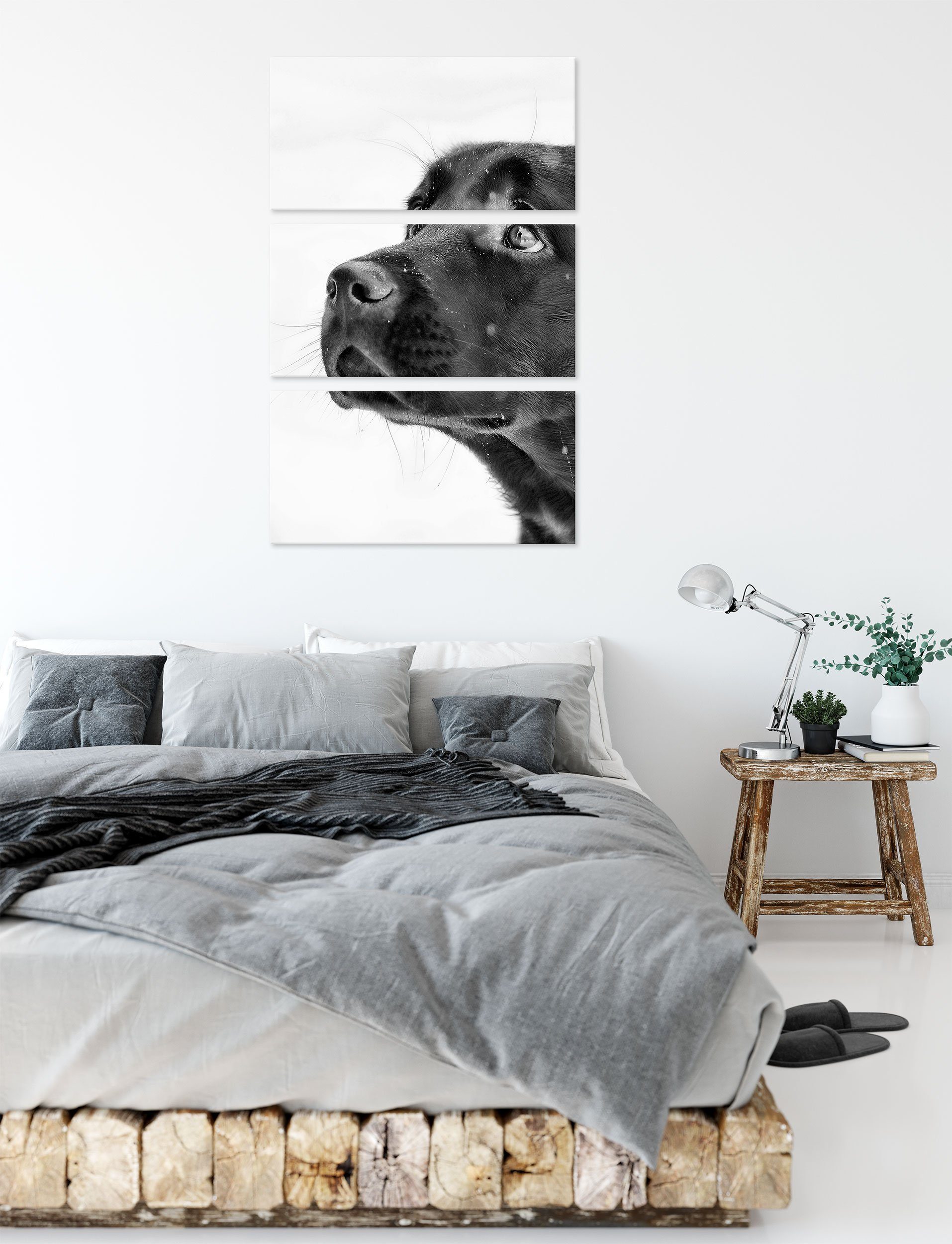 Pixxprint Leinwandbild Schwarzer (1 im Labrador 3Teiler Schwarzer im fertig bespannt, Zackenaufhänger (120x80cm) inkl. Schnee, Labrador Schnee St), Leinwandbild