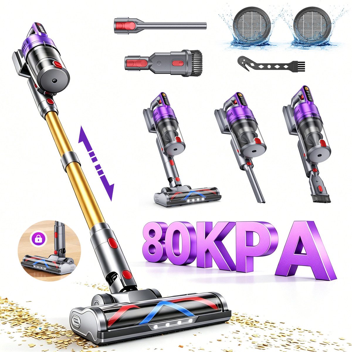 AeroAxis Akku-Hand-und Stielstaubsauger Akku Staubsauger 80Kpa Staubsauger Kabellos 75Min/1,8L Selbststehend, 680 W, beutellos, Anti-Tangle Bürste für Tierhaare & Teppich, 3-in-1 Akku Staubsauger