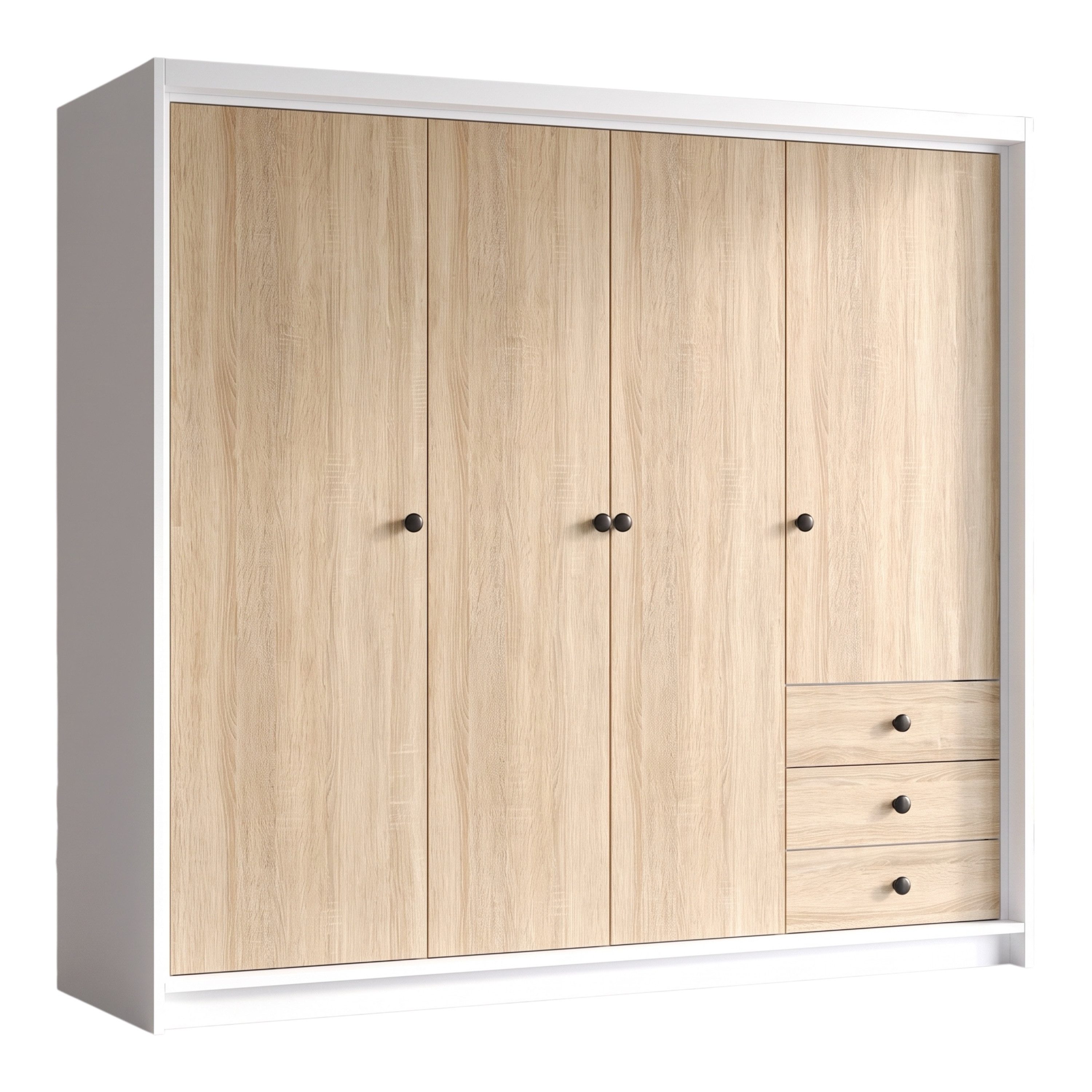 A&J MöbelLand GmbH Drehtürenschrank FALKEN– viertüriger Kleiderschrank 200 cm (Geräumiger viertüriger Kleiderschrank mit Schubladen. Geräumiger Schrank mit einer Breite von 200 cm und Schubladen, ideal zur Aufbewahrung von Kleidung und Accessoires. Viel S