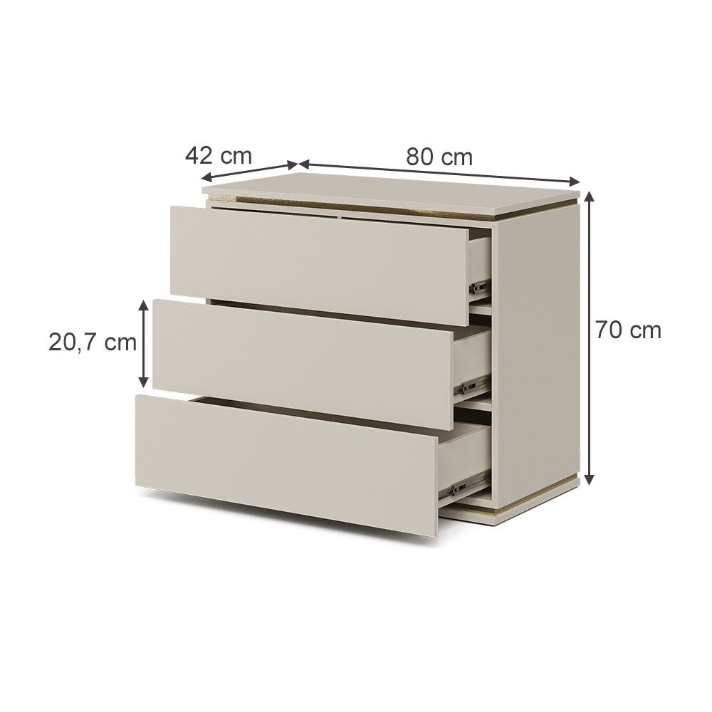 Vicco Kommode Linette, Gold, 80 x 70 cm mit 3 Schubladen (1 St)