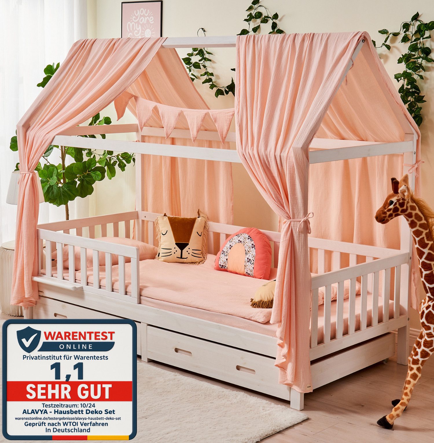 Alavya Home® Балдахин для кровати Dekoset für Hausbett CLOUD 80x160, 90x200 – OTTOs Choice, Хиты продаж (KOMPLETT SET I 2 Stück Балдахин для кровати I 1 Stück Wimpelkette 300cm cm lang mit 9 Stück Wimpeln, 3-tlg), Dekoset aus 100% Bio-Musselin Baumwolle GOTS zertifiziert, 125x350 cm