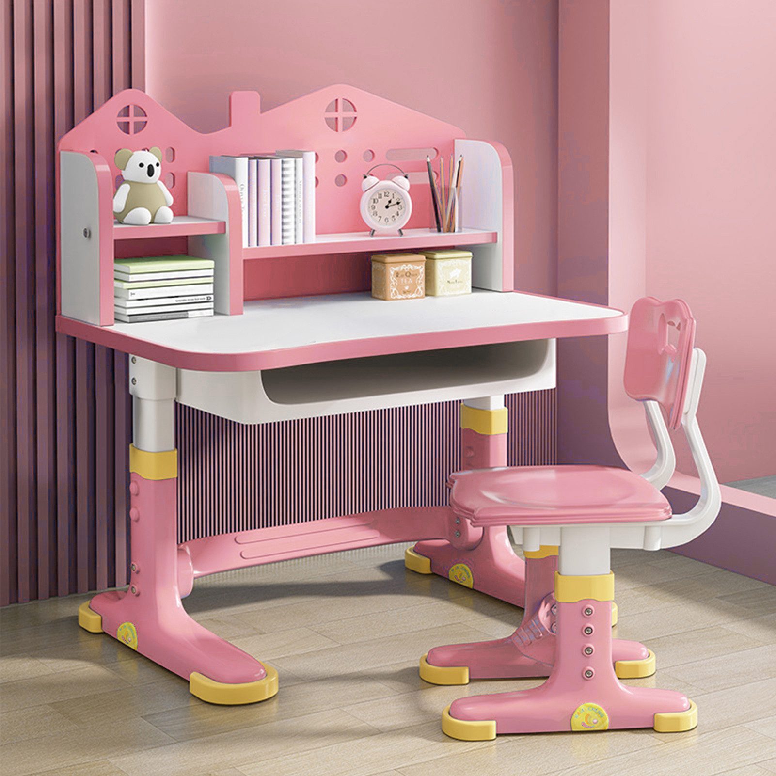 Rutaqian Kinderschreibtisch Kinderschreibtischstuhl mit Bücherständer,Höheverstellbar 65 und 71cm (Schreibtisch Mädchen ab 6 jahren, 1-St., ergonomischer Kids Schreibtisch und Stuhlset für Kinder), mit Stuhl & Schublade,Kinder Schüler Schreibtisch für Jungs & Mädchen