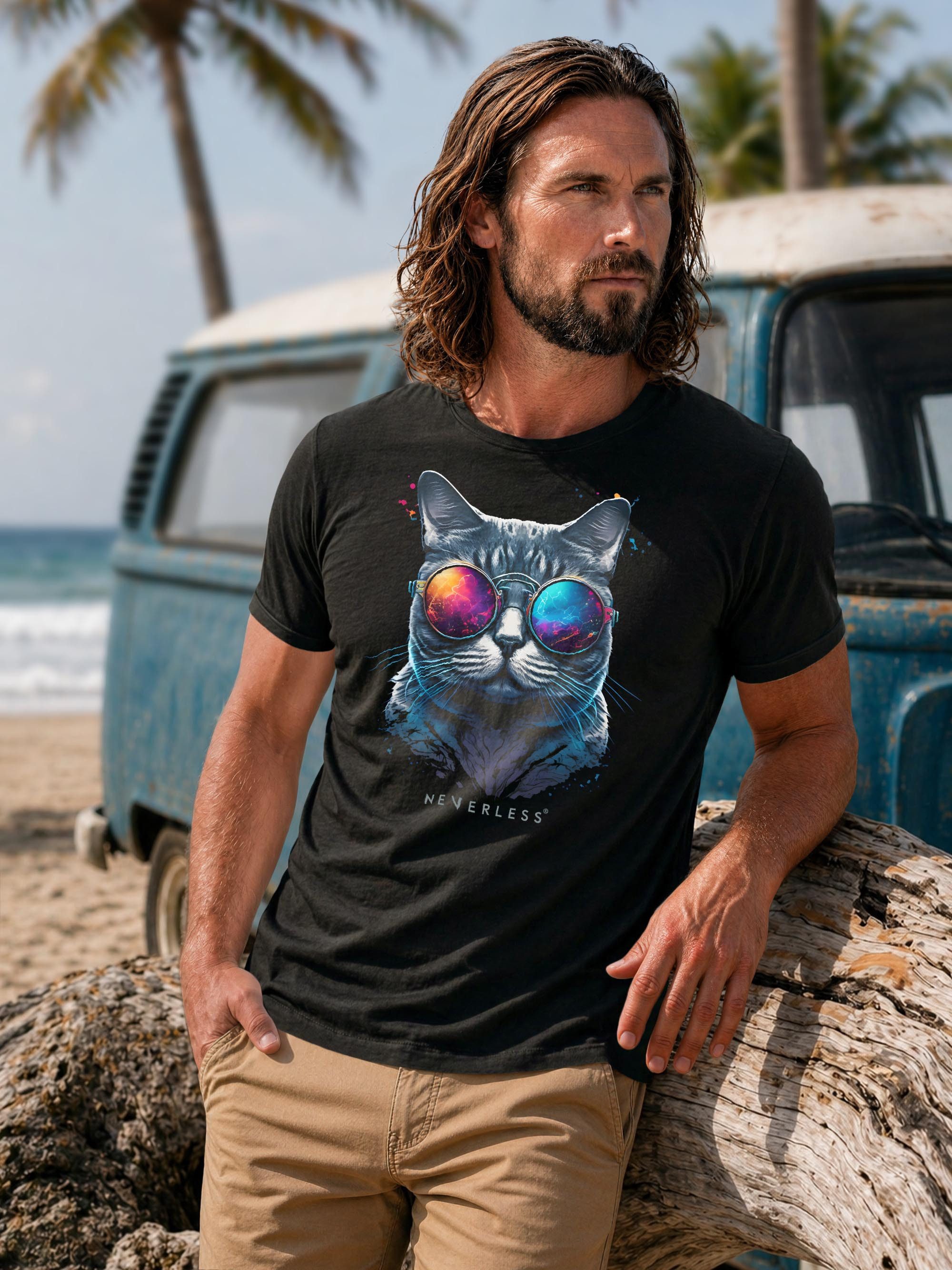 Neverless Print-Shirt Herren T-Shirt Aufdruck Katze Cat Sommer Sonnenbrille Style Fashion mit Print