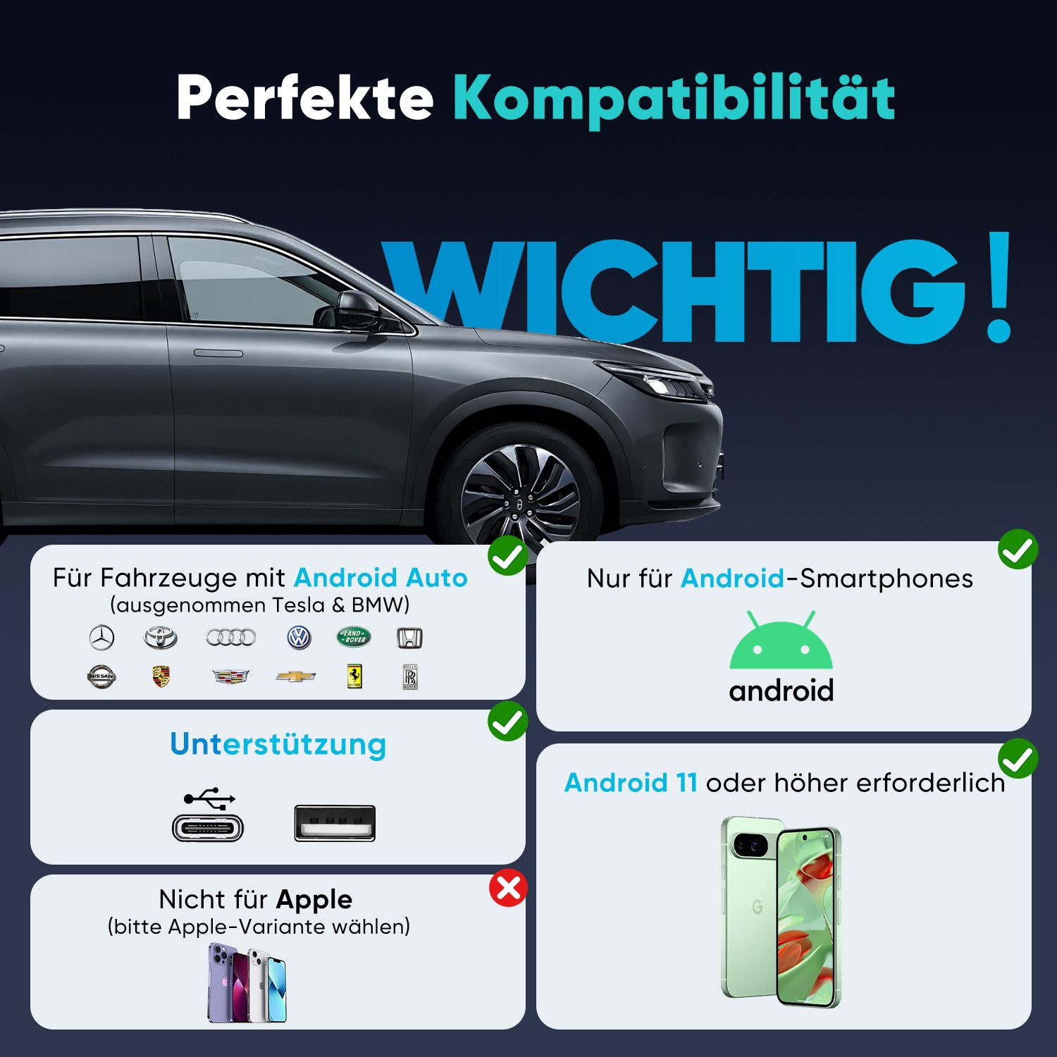 Salcar Wireless Adapter Auto Kabelloser Android USB Dongle mit Dualband WiFi Adapter zu USB Typ A, Kompatibel mit Android 11 oder höher & Android Auto