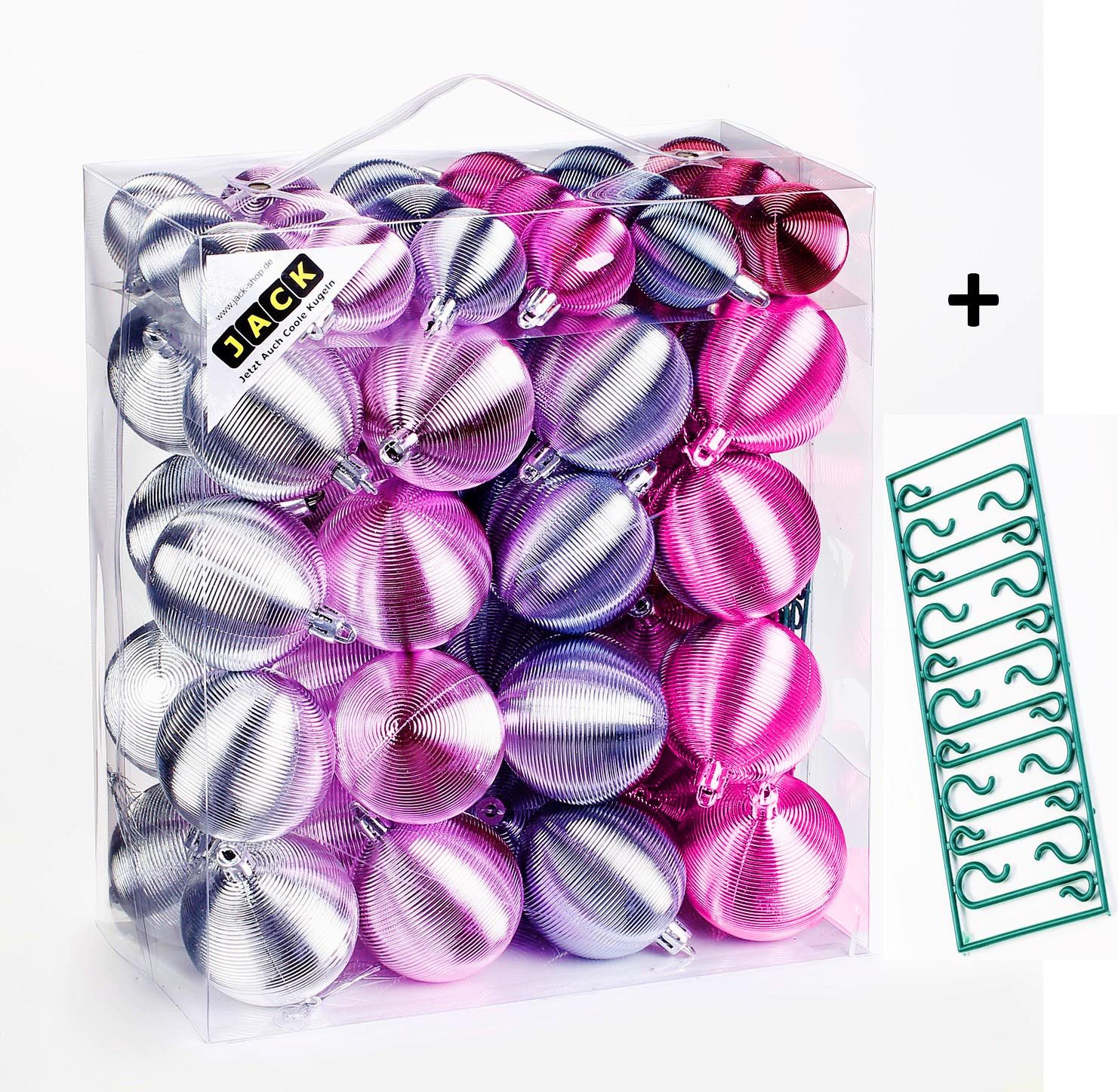 JACK Christbaumschmuck JACK by Inge 50x Kunststoff Kugeln Pink Silber Christbaumkugeln Rille, Inkl. Haken, Rillenoptik aus Kunststoff Ø 4 + 6 cm, Aufbewahrungsbox
