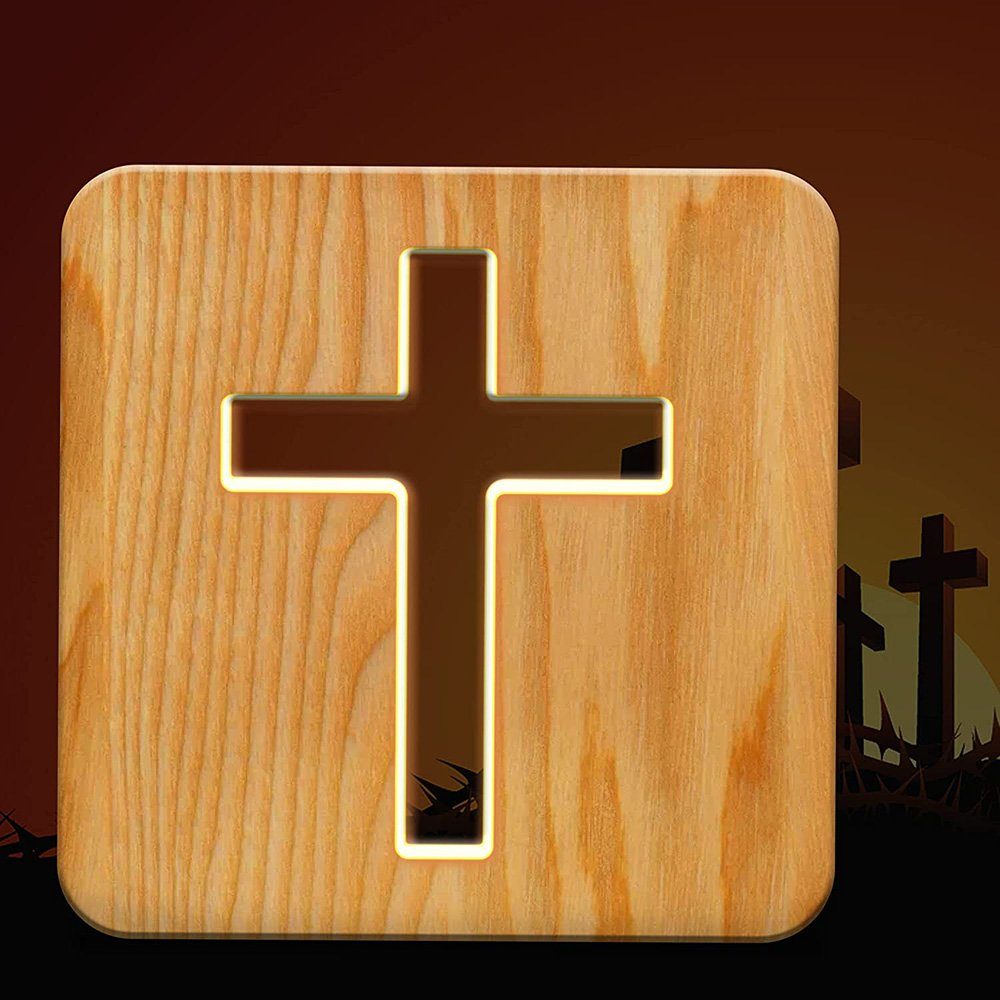 Jesus Warme GelldG Farben Jesus Nachtlicht, LED Kreuz Nachtlicht Holz Tischlampe Religiöses