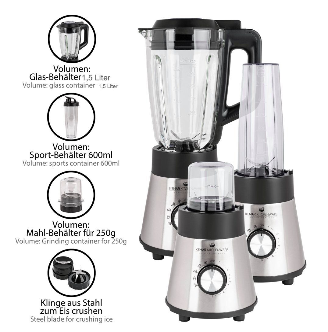 KeMar Kitchenware Standmixer KSB-170, 1000 W, Glasbehälter, 2Go Trinkbecher, 50 ml Grinder, abschraubbare Klinge