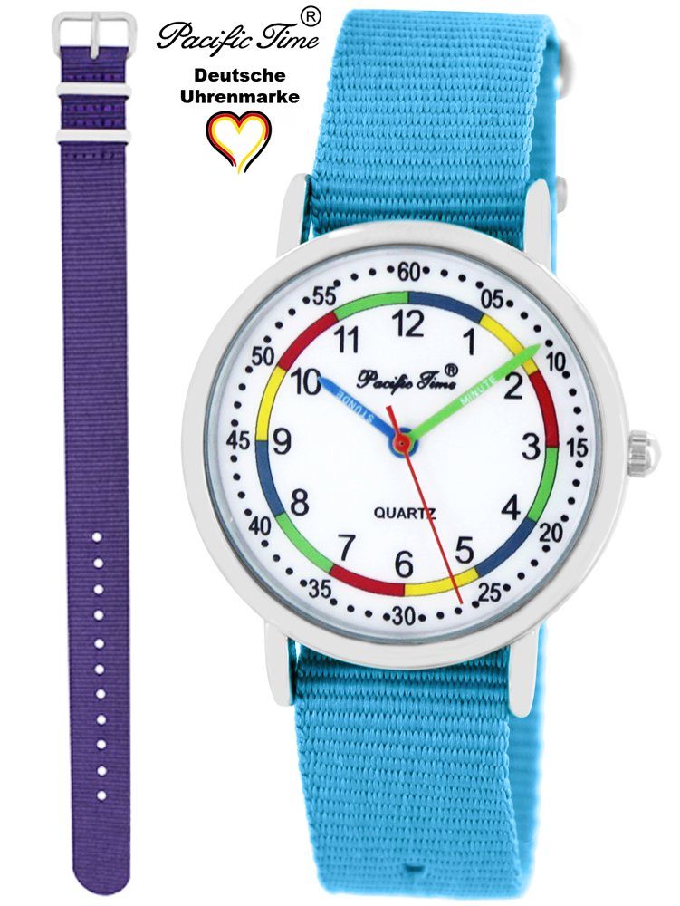 Pacific Time Quarzuhr Versand und violett Kinder hellblau - First Mix Design und Match Lernuhr Wechselarmband, Gratis Armbanduhr Set