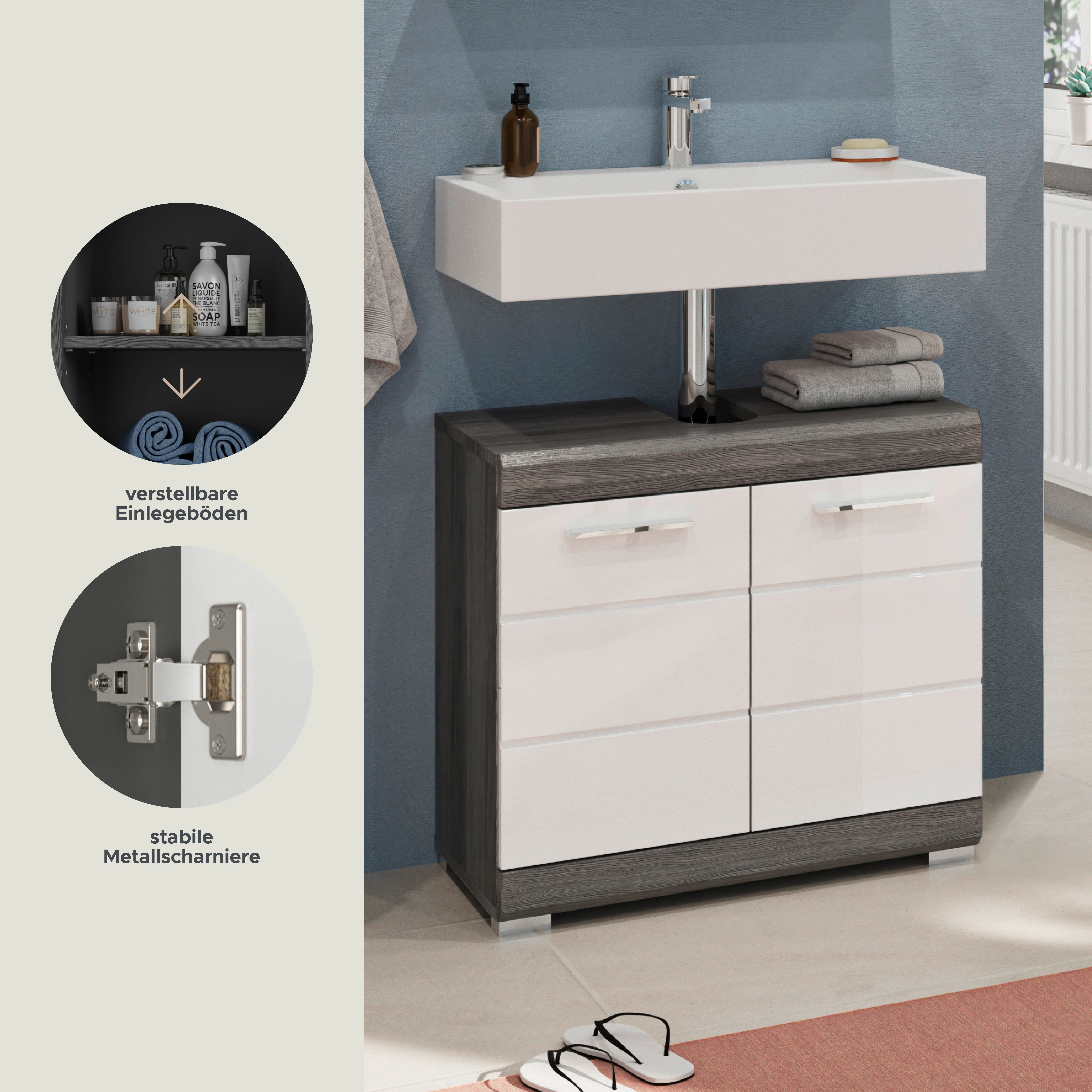 INOSIGN Waschbeckenunterschrank SIENA, Breite 60cm, 2 Tür, 2 Fächer, mit Siphonausschnitt, MDF-Front (1-St., TOPSELLER) in verschiedenen Farben erhältlich, Badmöbel, Badschrank, Kommode, Bad