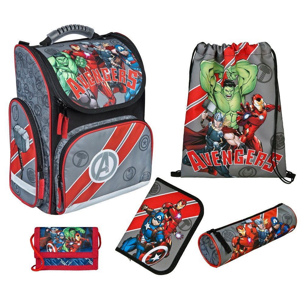 Familando Schulranzen Clou (Set, 5-tlg., inkl. Federmäppchen (nicht gefüllt), Marvel AVENGERS Iron Man Hulk Thor Captain America