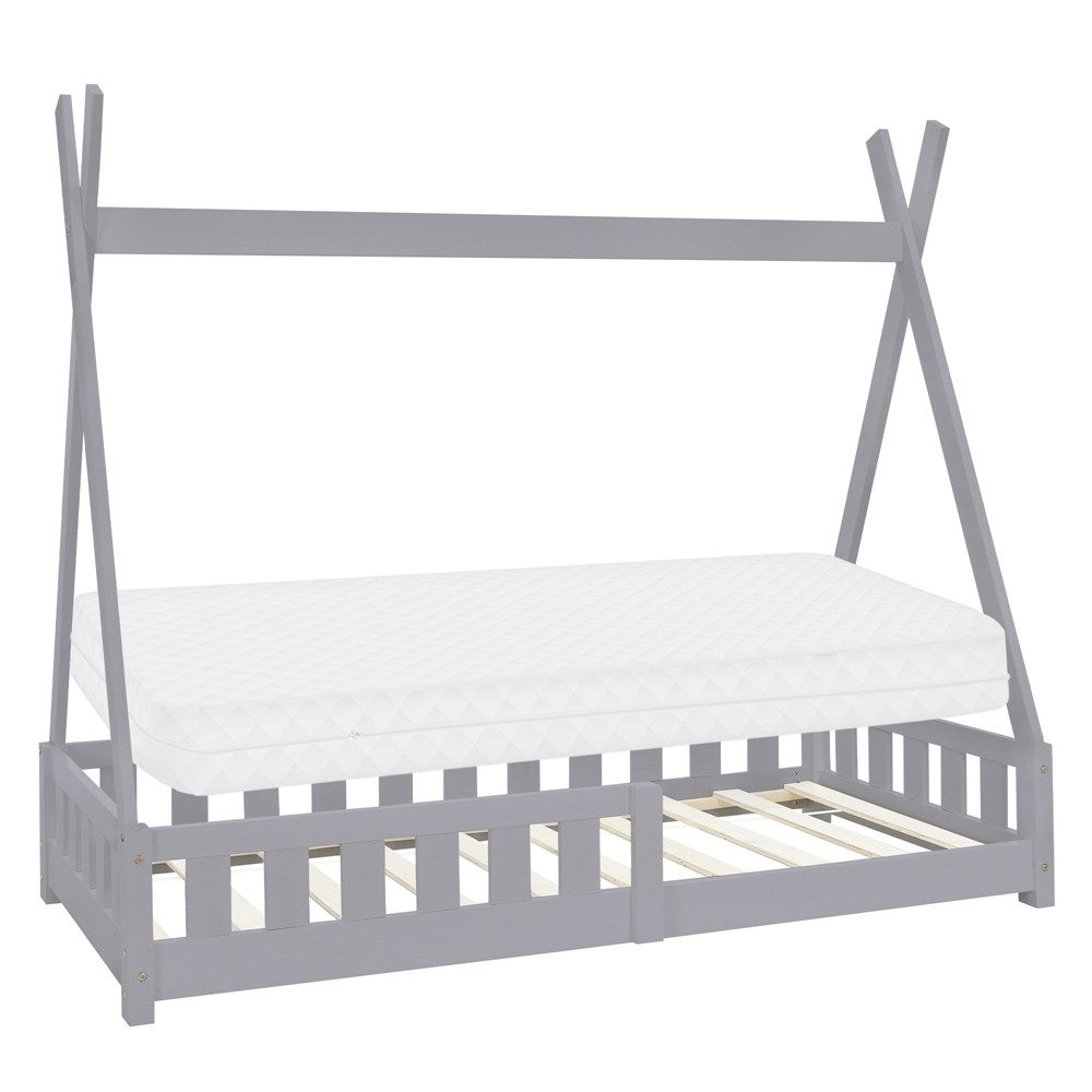 ML-DESIGN Spielbett Hausbett Tipi Zeltbett inkl. Lattenrost Bodenbett Kinder Himmelbett, Abenteuerbett mit Rausfallschutz Zelt Bett Kiefer Grau Kinderhaus
