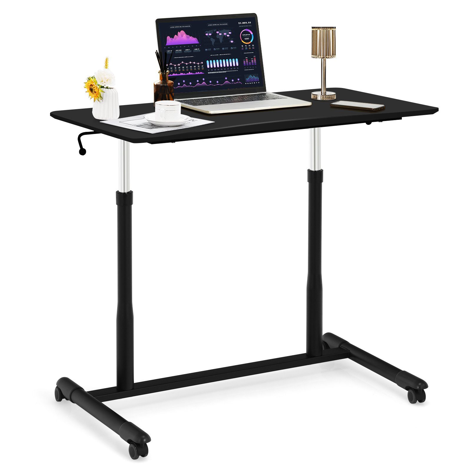 Schreibtisch, breite mit von Schwarz COSTWAY 70-107cm, höhenverstellbar Rollen, 95cm