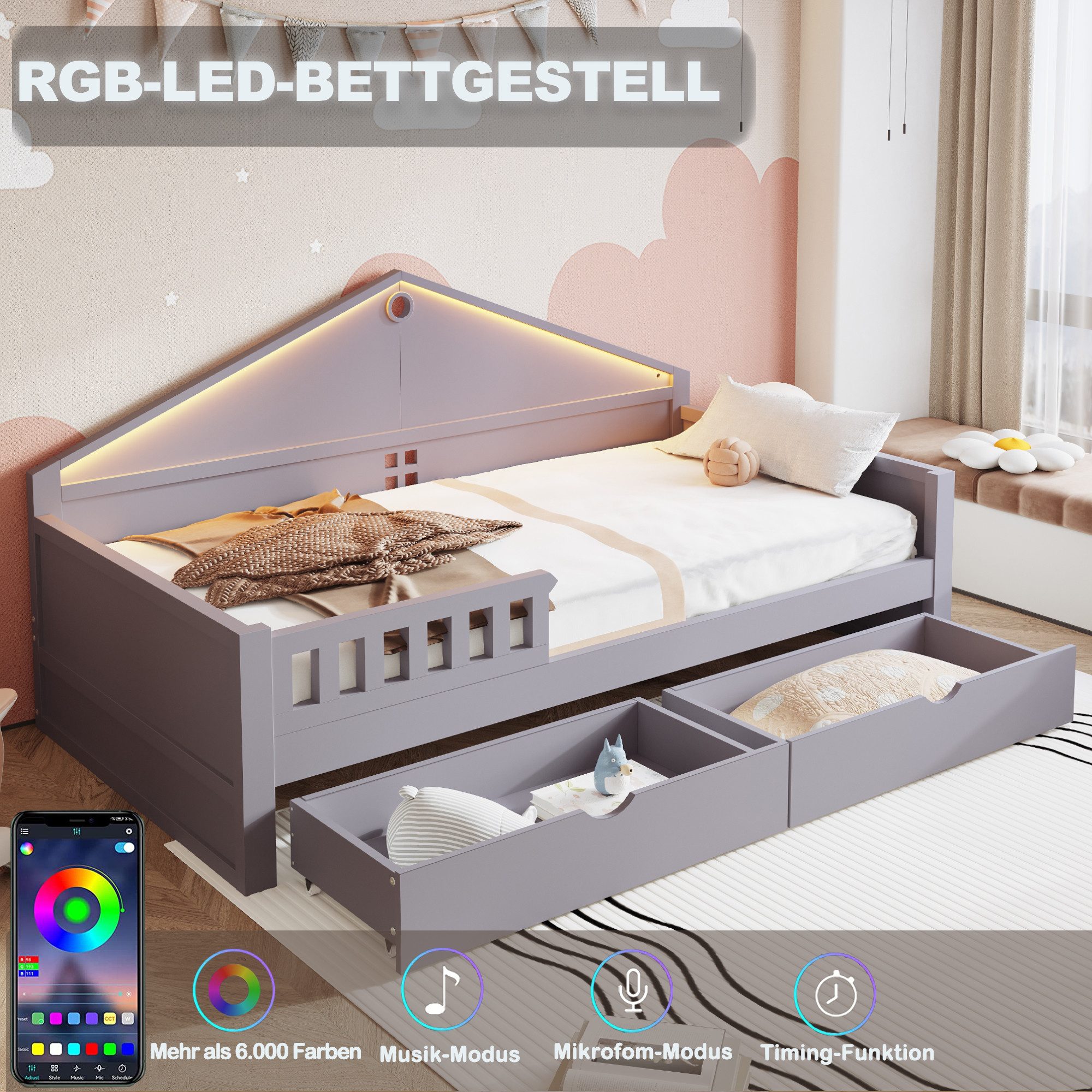 REDOM Kinderbett mit LED-Lichtleiste & geräumigen Schubladen (Einzelbett St günstig online kaufen