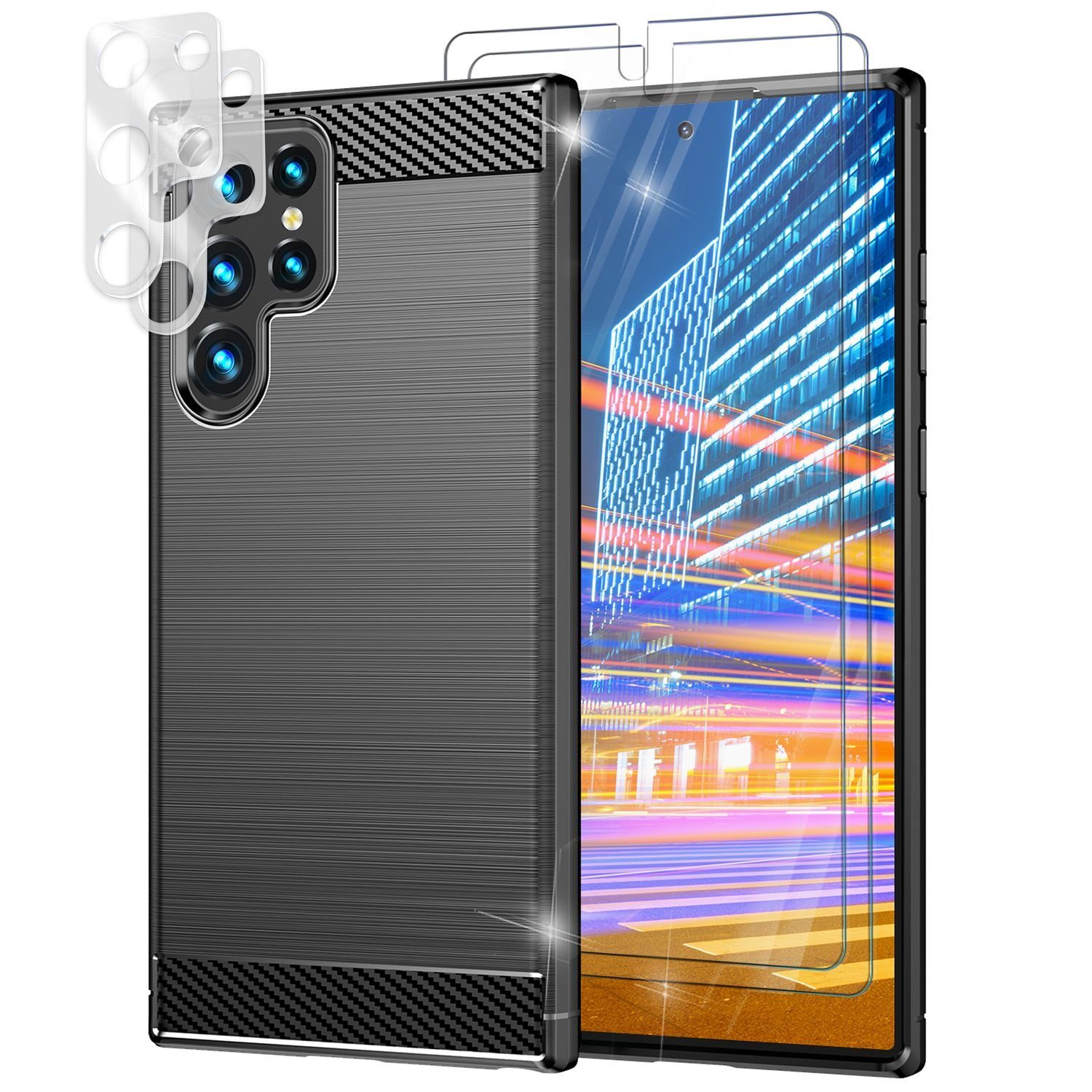 Nalia Smartphone-Hülle Samsung Galaxy S23 Ultra, Carbon-Look Silikon Hülle  / 2x Display- & Kameraschutz / Karbon-Optik