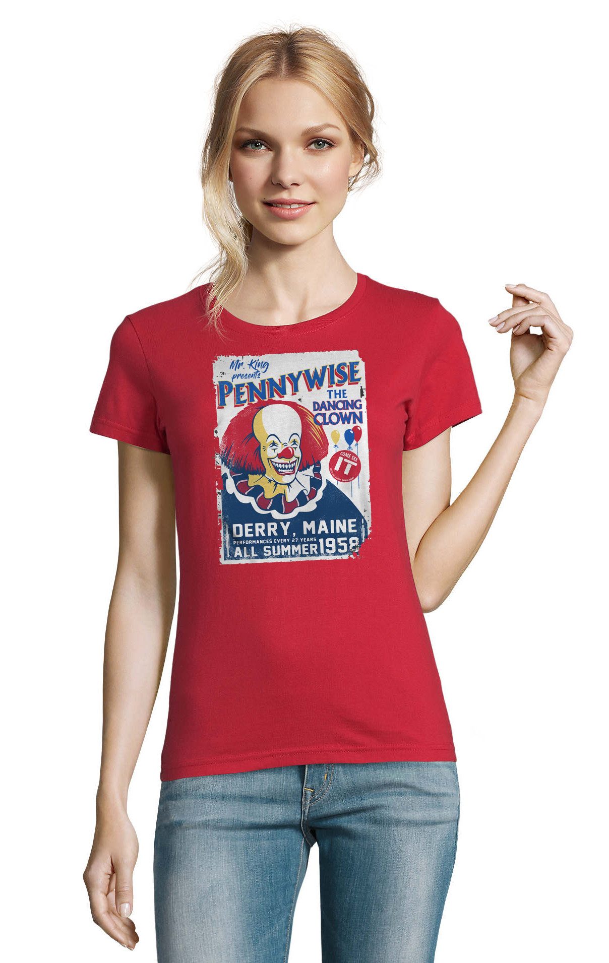 Blondie & Brownie T-Shirt Pennywise Damen T-Shirt Horror Clown Print (Einzelstück, Einzelartikel) Pennywise_D_Tee Horror Vintage Damenfit