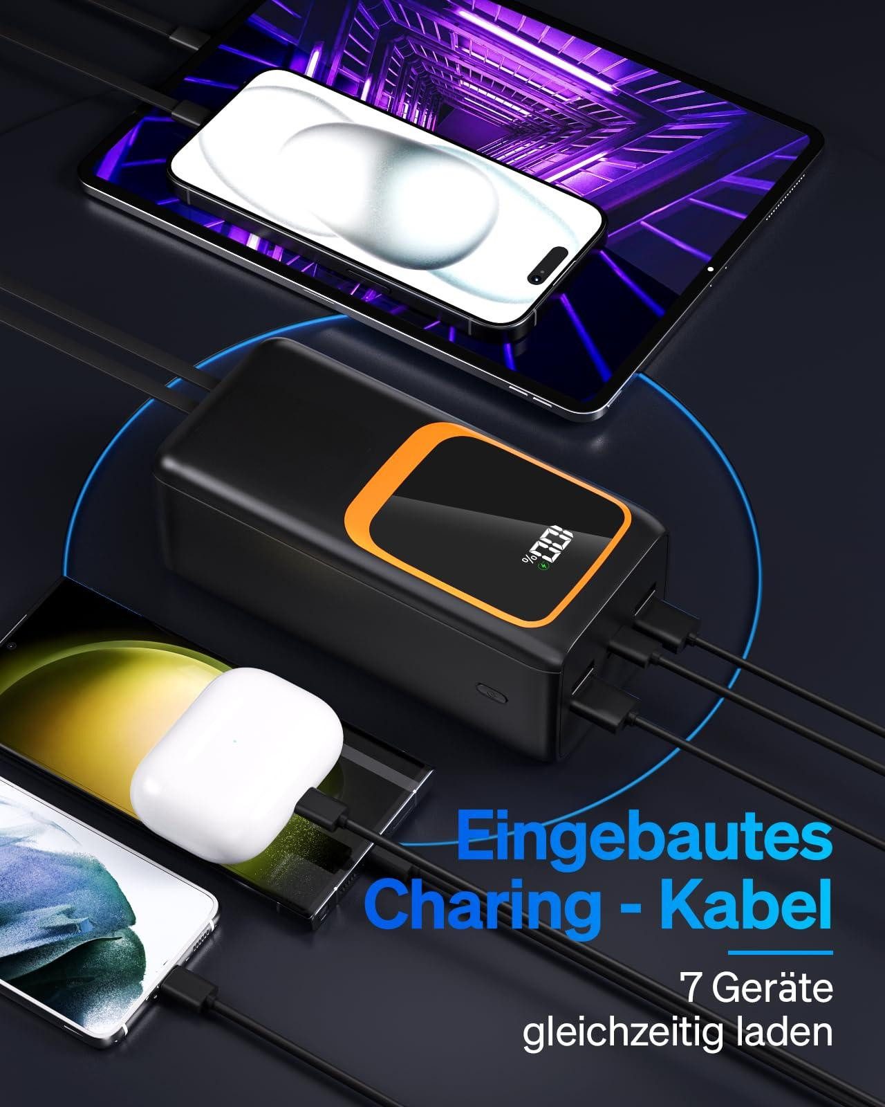 AIBISTAR 80000mAh Powerbank, 22,5W, integrierte Kabel, 7 Ausgänge Powerbank, powerbanks mit LED Display,ideal für Camping, Reisen & Notfälle