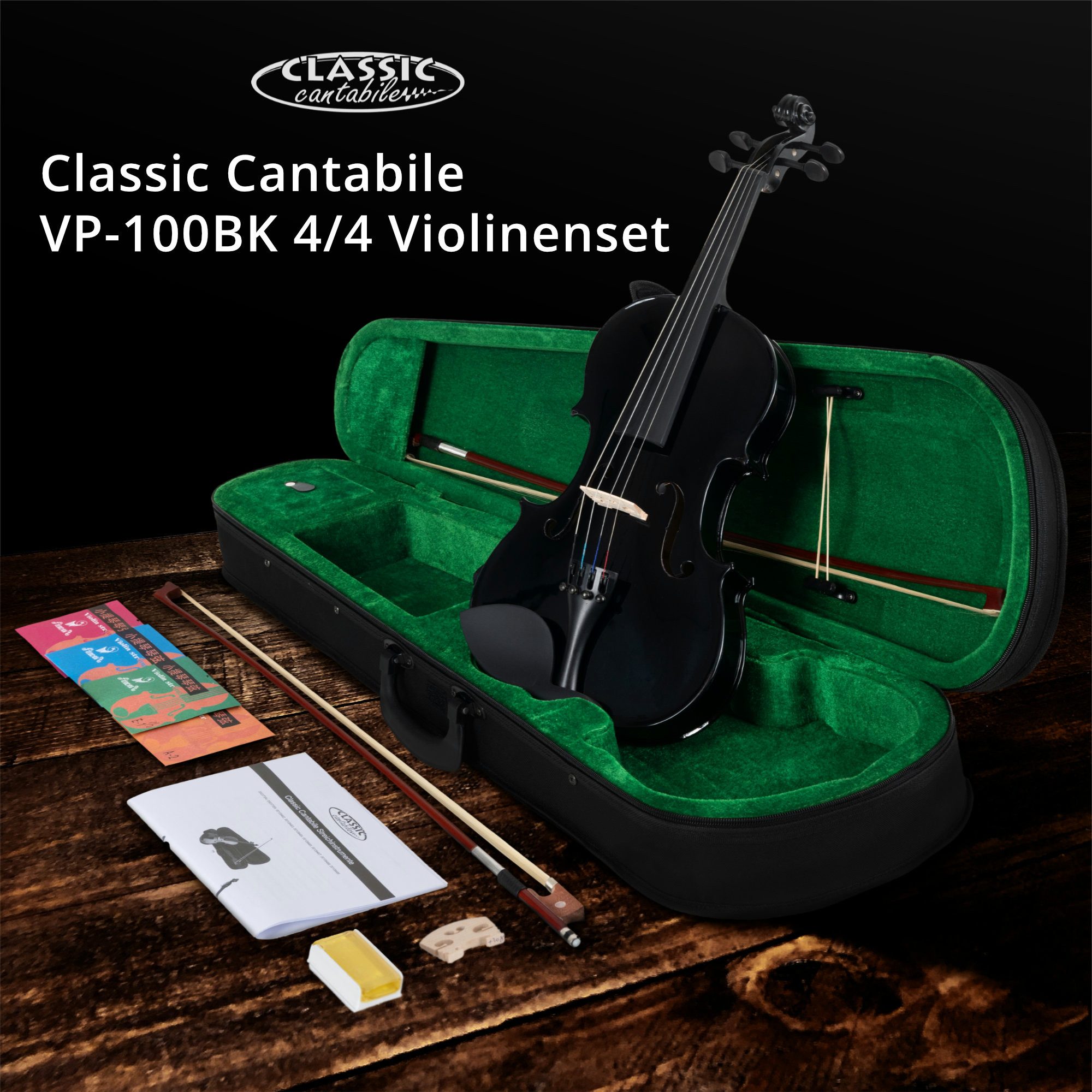 Classic Cantabile Violine VP-100BK 4/4 Violinenset Schwarz - Klassisches Design - Moderne Optik, Komplettset, Einsteiger/Schülerinstrument, inkl. Bogen, Koffer, Kolophonium und Ersatzsaiten