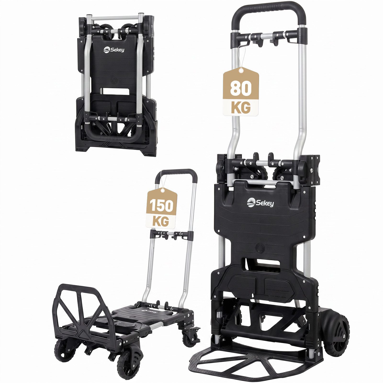 Sekey Sackkarre Alu 2-in-1 Sackkarre Klappbar Transportwagen bis zu 150 kg Tragkraft, Alu Plattformwagen mit Bremse, Ergonomischem Griff