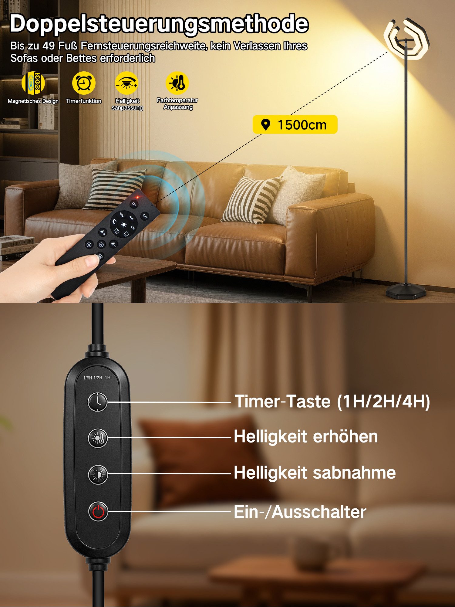 OUTON LED Stehlampe Moderne LED Stehleuchte 30W 3000LM, LED wechselbar, dimmbar 2700K-6500K Fernbedienung