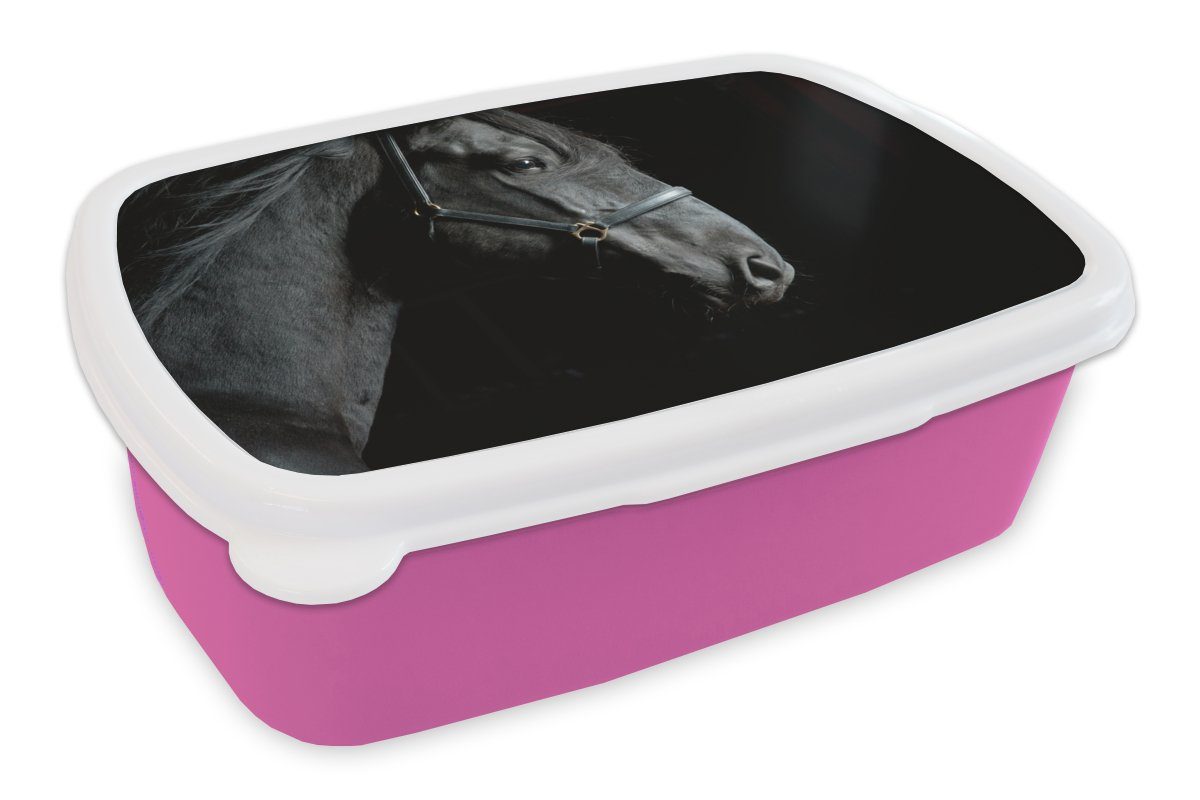 MuchoWow Lunchbox Pferd - Leicht - Schwarz, Kunststoff, (2-tlg), Brotbox für Erwachsene, Brotdose Kinder, Snackbox, Mädchen, Kunststoff rosa