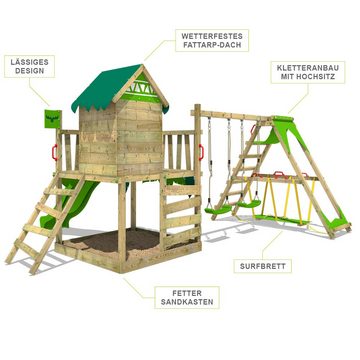 FATMOOSE Spielturm JazzyJungle mit Rutsche & Schaukel mit SurfSwing und Spielhaus, 10-jährige Garantie*, riesiger integrierter Sandkasten
