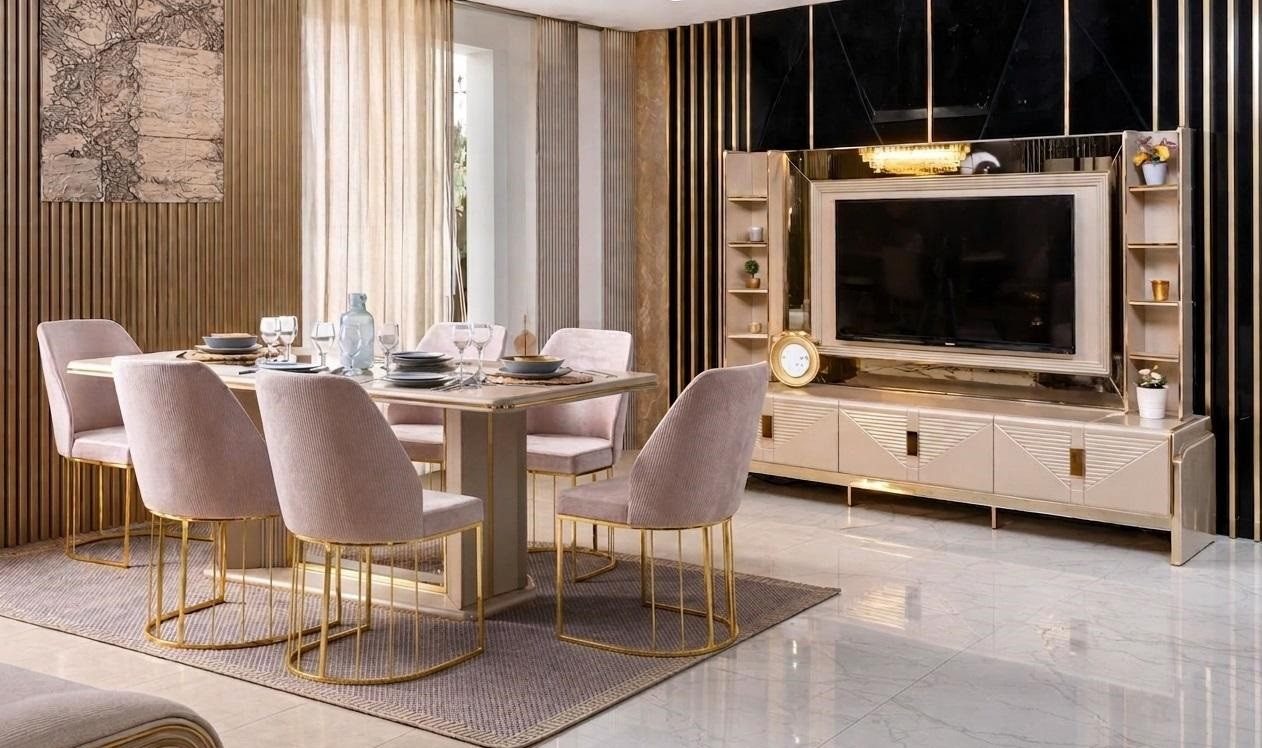 JVmoebel Essgruppe Esszimmer Set Esstisch 6x Stühle TV-Block Beige Moderner Stil Elegant, (8-tlg), Made in Europa
