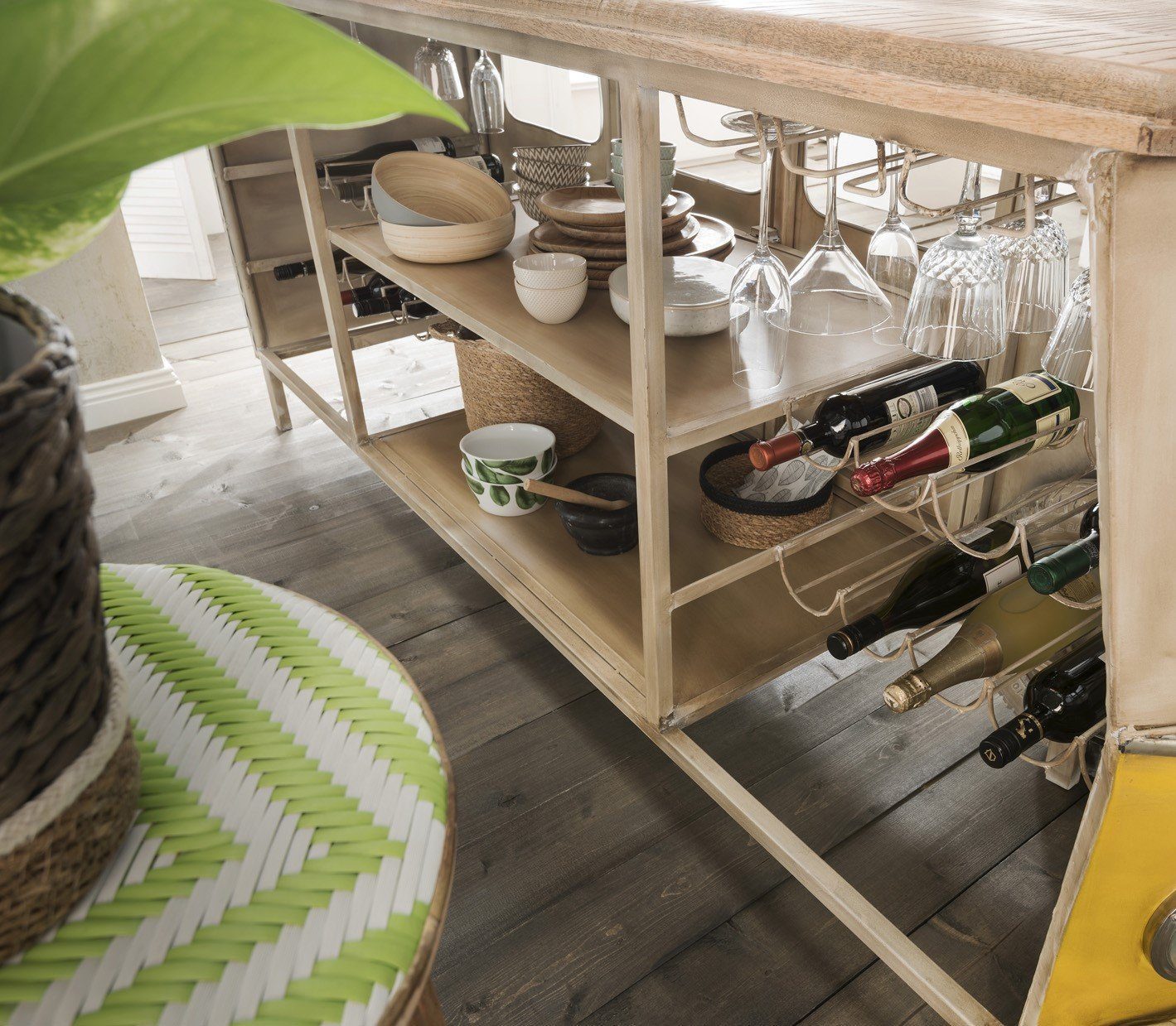 More2Home Bartisch Bartresen BUS, Metall gelb-weiß / Mangoholz, mit Bareinteilung