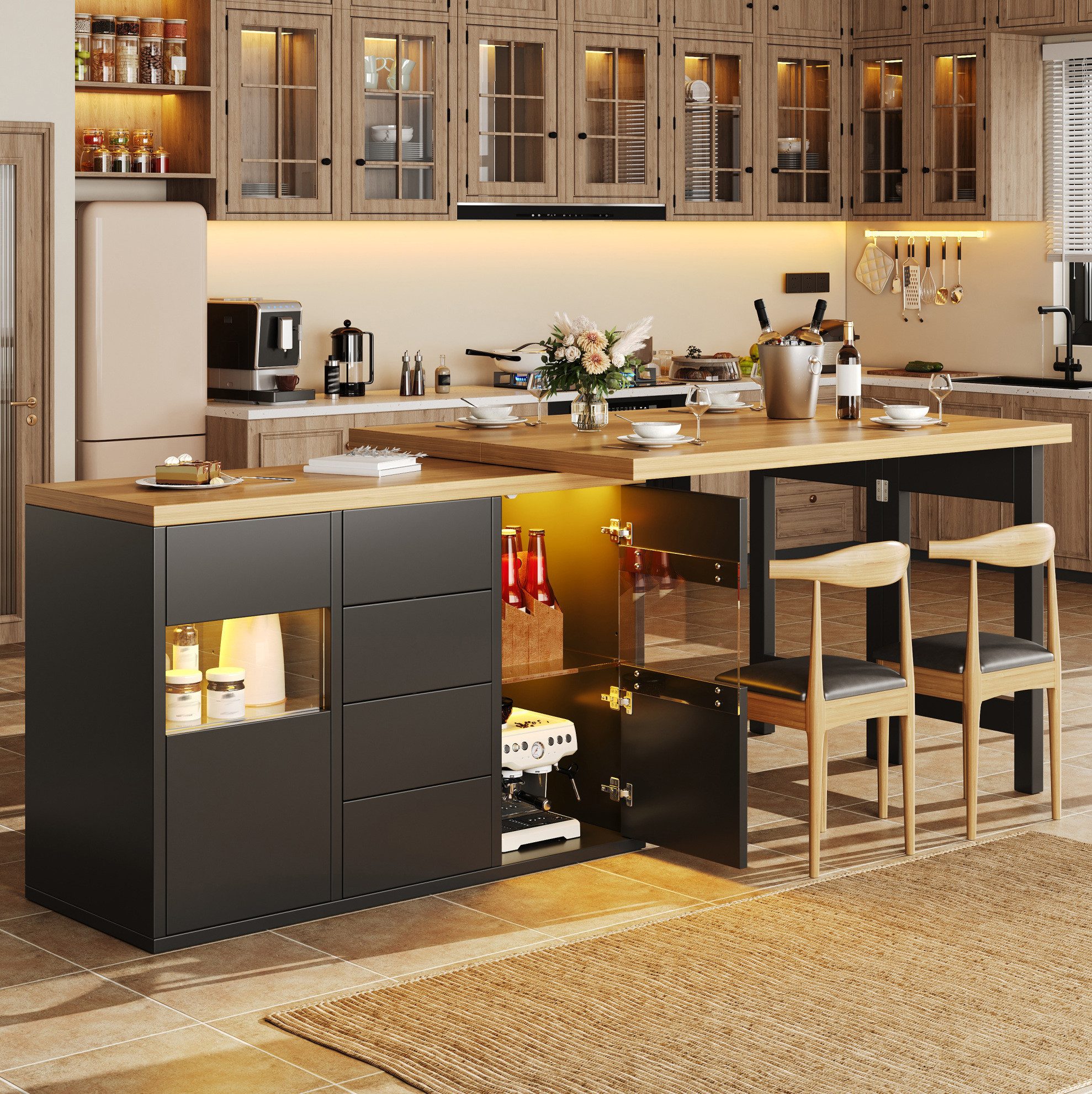 OKWISH Kücheninsel Küchenwagen 120–197cm mit App RGB-LED und 360° Drehfunktion, (4 große Schubladen für Stauraum und flexible Küchenorganisation), Schwarzer Küchenschrank mit Glastüren und verstellbaren Böden
