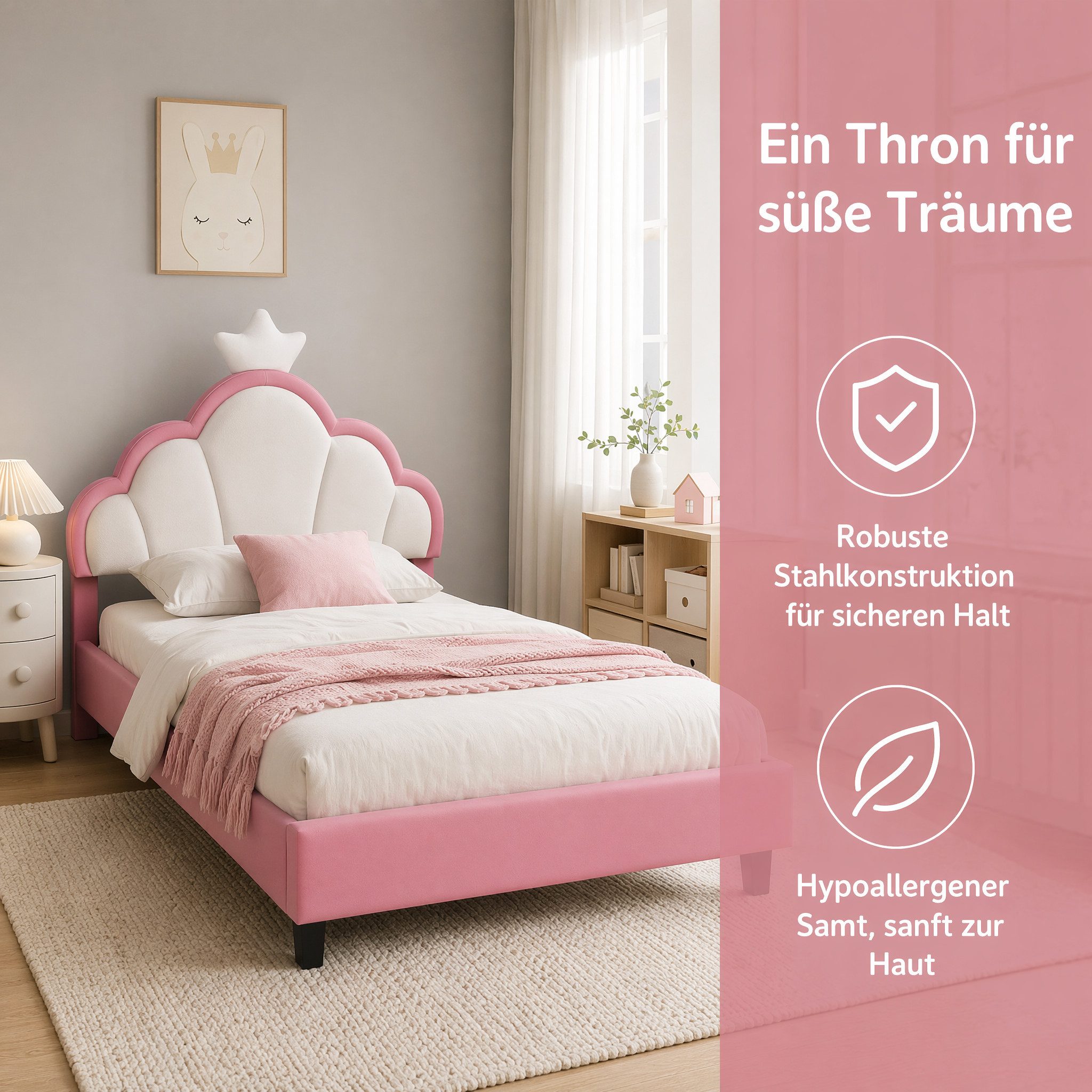 Simurq Kinderbett 90x200cm Bettgestell, Einzelbett, Polsterbett, Jugendbett, Mit LED, Mit Lattenrost, Prinzessin Bett