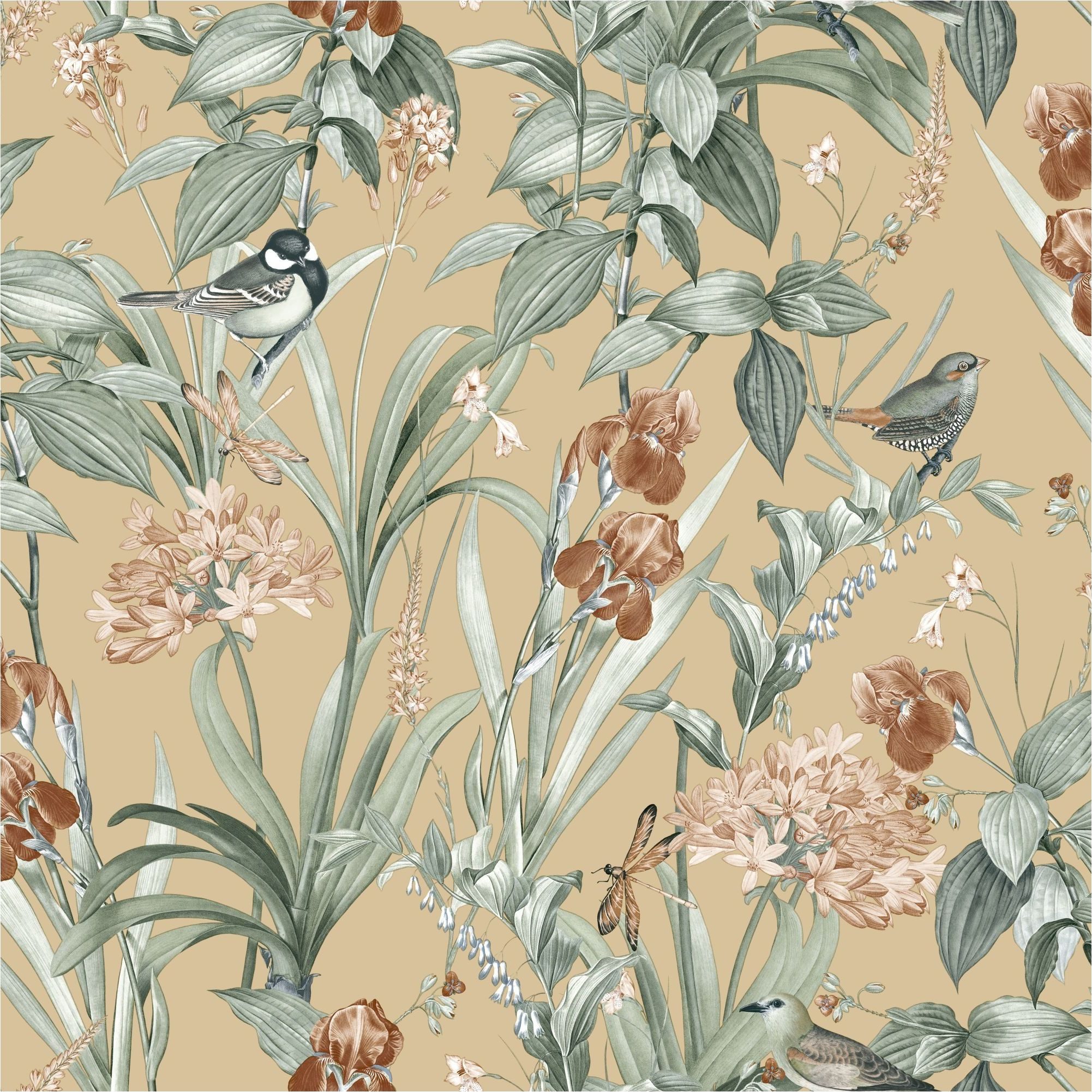Vliestapete M64792D Ugépa Gelb Vlies 1.06 x 10.05 m Botanique Blumen Natur Vögel