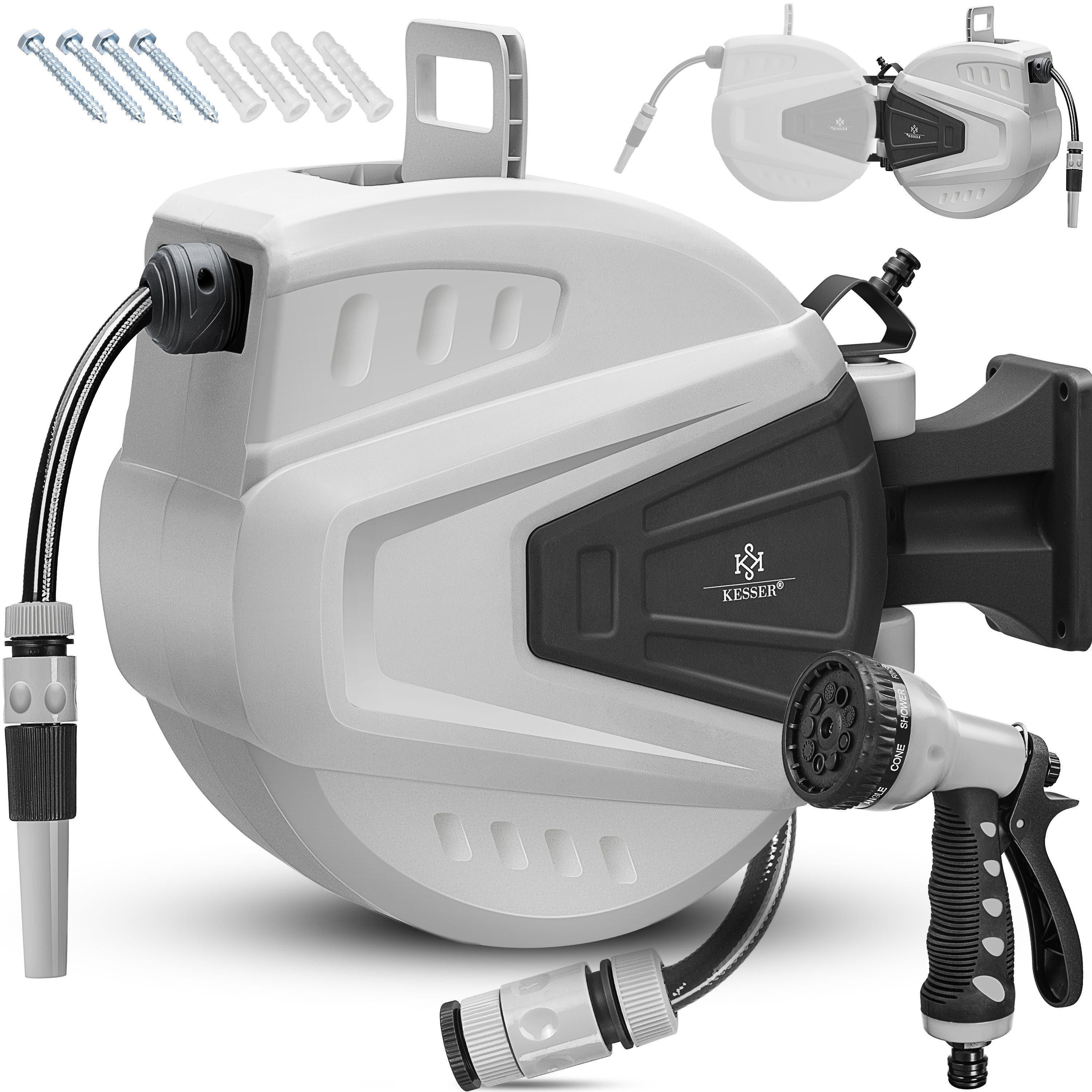 KESSER Gartenschlauch, Schlauchtrommel Wasser Schlauchaufroller + 2-Wege-Verteiler