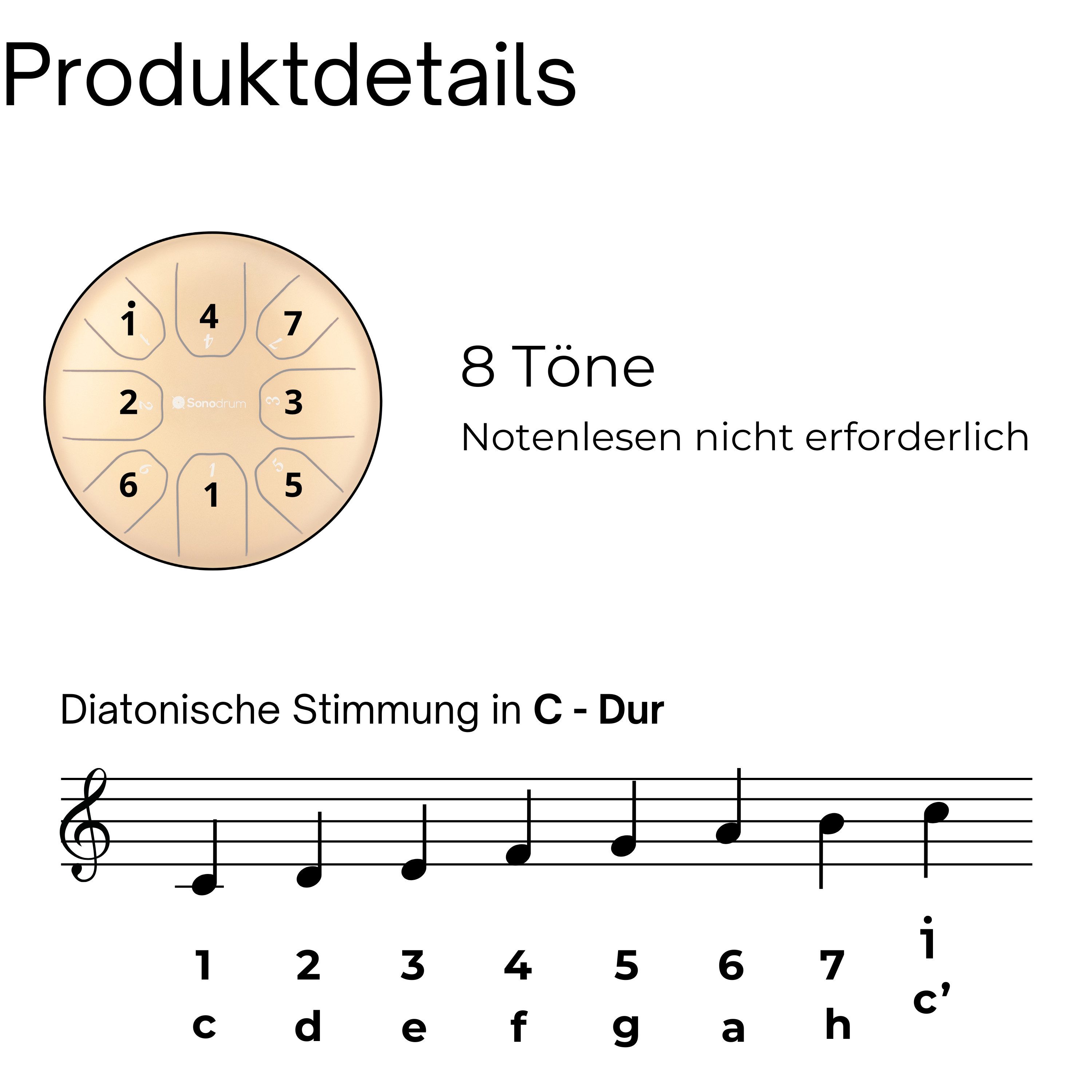 Sonodrum Steel Tongue Drum "Standard", C-Dur, 14 cm, 8 Zungen inkl. Liederbuch und Tragetasche