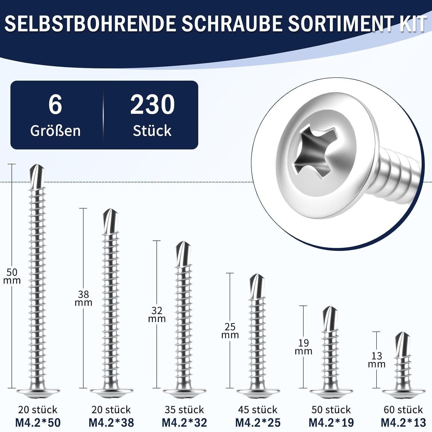 LuxusKollektion Blechschraube Schrauben Set Edelstahl 410 M4.2 Selbstschneidend 230tlg