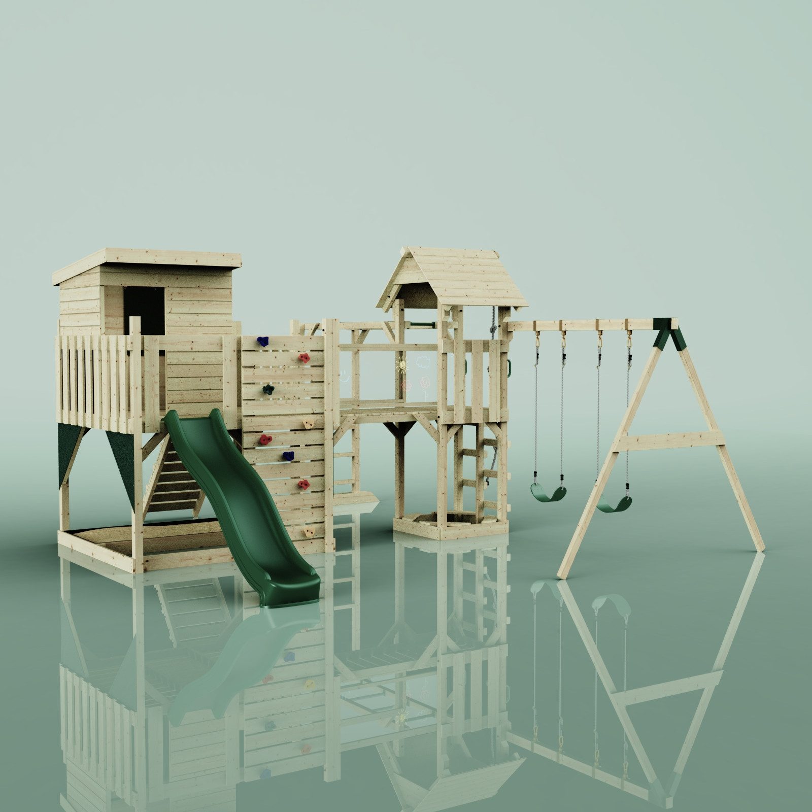 OutdoorToys Spielturm Malou, aus Holz in Dunkelgrün mit Kinderschaukel & Rutsche