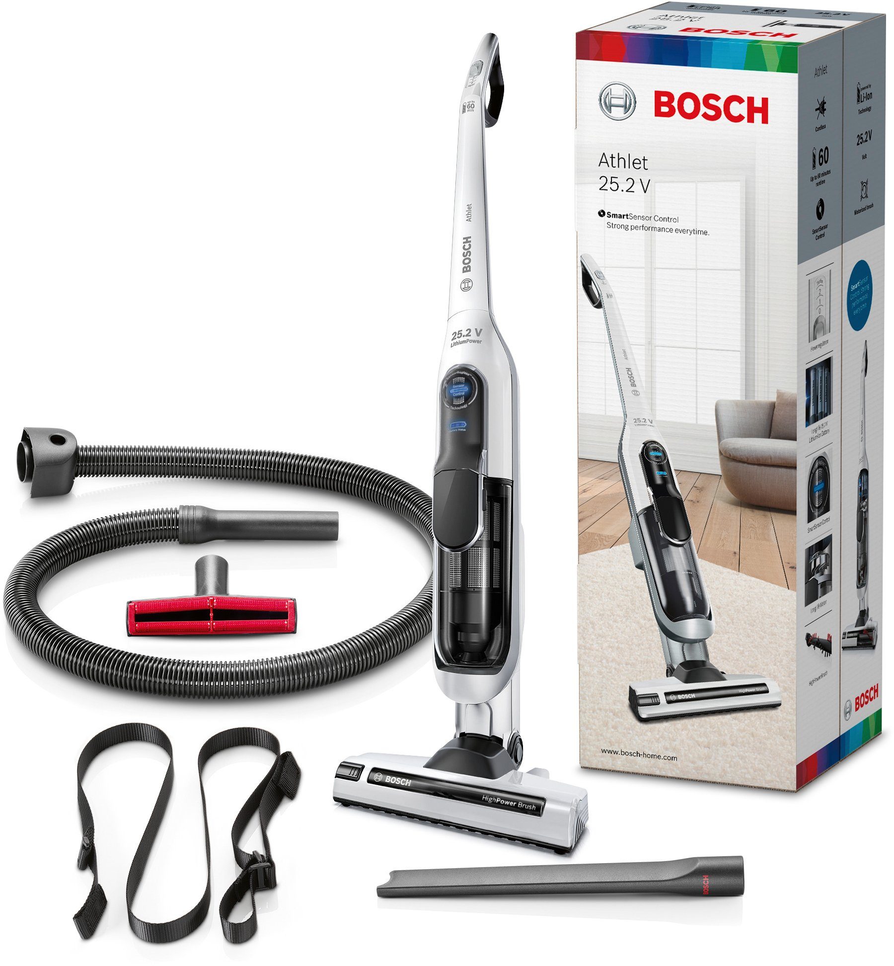 BOSCH Akku-Stielstaubsauger Athlet 25.2 V Min. 3 beutellos, beutellos, alle Leistungsstufen, Bodenarten Laufzeit, 60 BCH6L2560