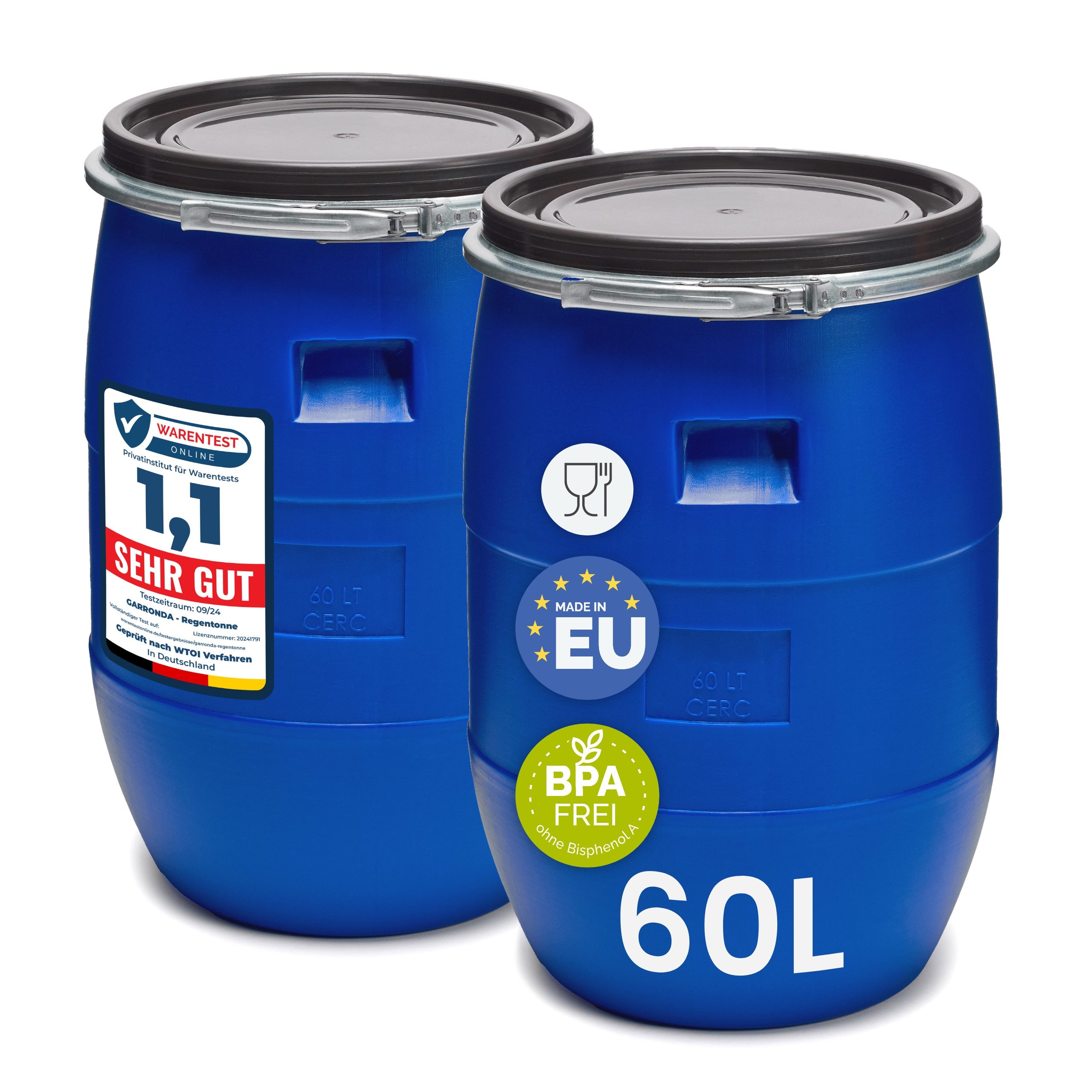 Garronda Regentonne 2x Plastikfass Lebensmittelfass Sauerkrautfass Hobbock Garten GD-0078, 60 l, (2-tlg), BPA-Frei