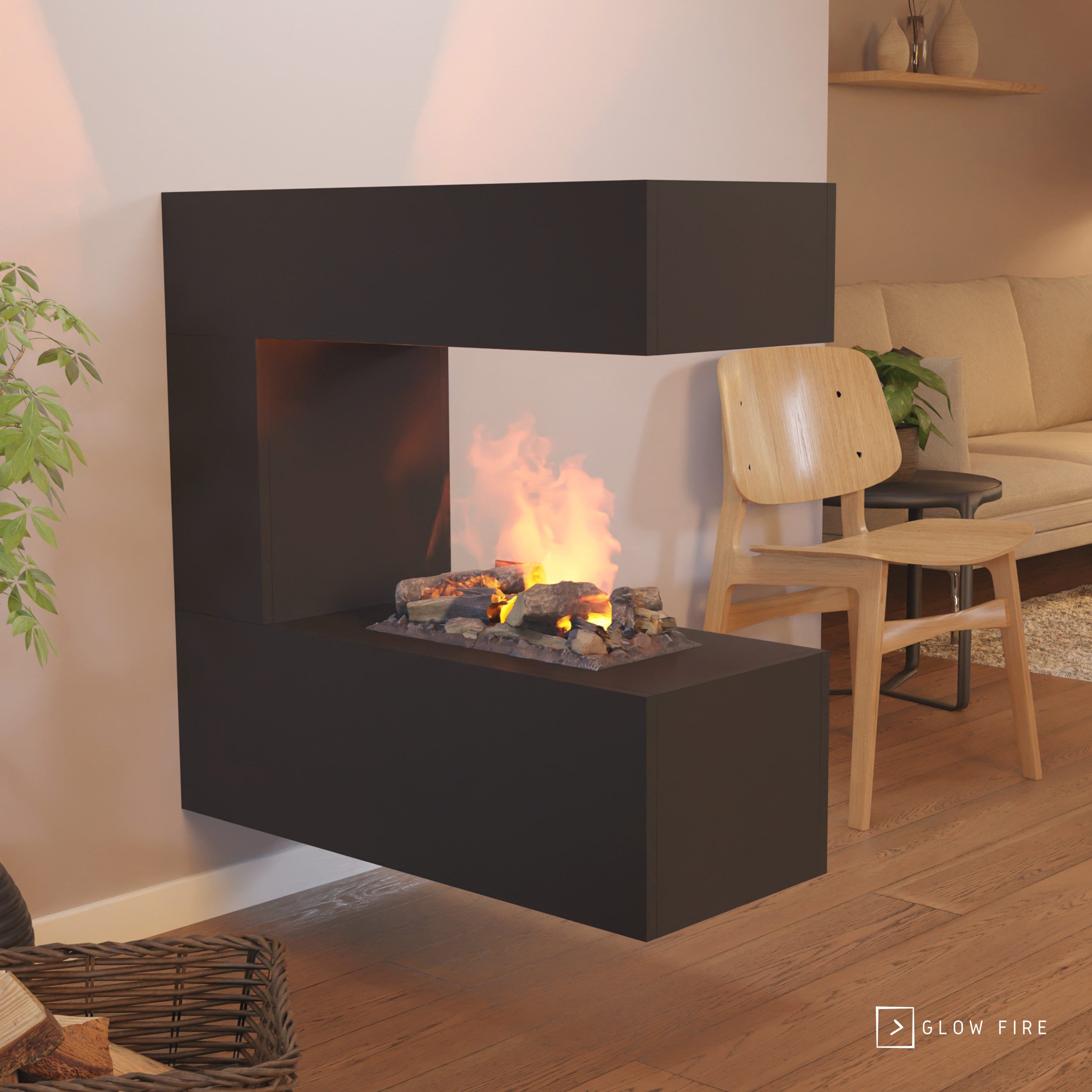 GLOW FIRE Elektrokamin Schiller hängend Wasserdampf Kamin, Wandkamin, Elektrischer Kamin, Wasserdampfkamin mit 3D Feuer und Knisterfunktion