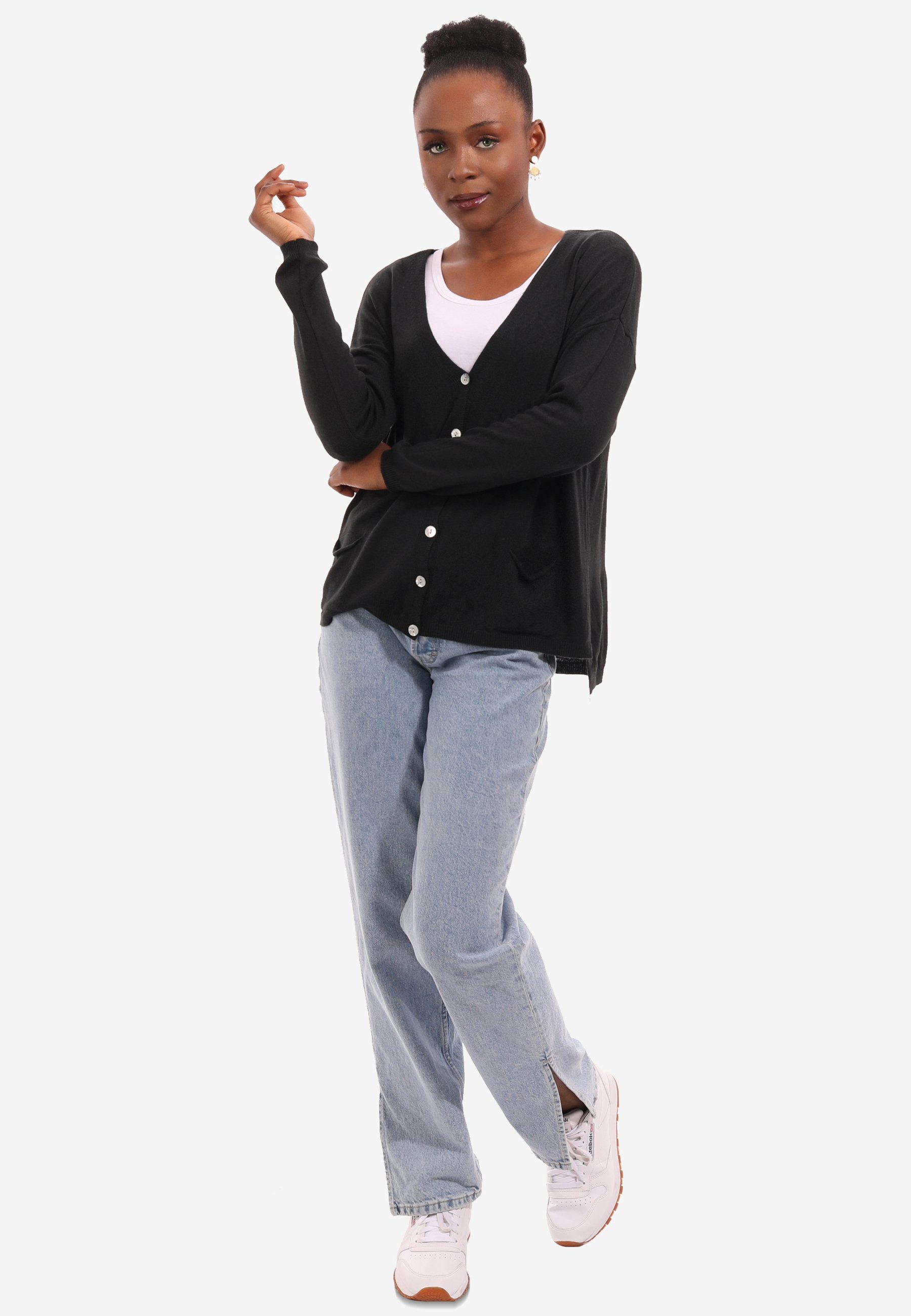 Style Fashion Cardigan schwarz Unifarbe, Vorne mit geknöpft, Knopfleiste geschnitten, Cardigan in - & locker YC (1-tlg) Feinstrick