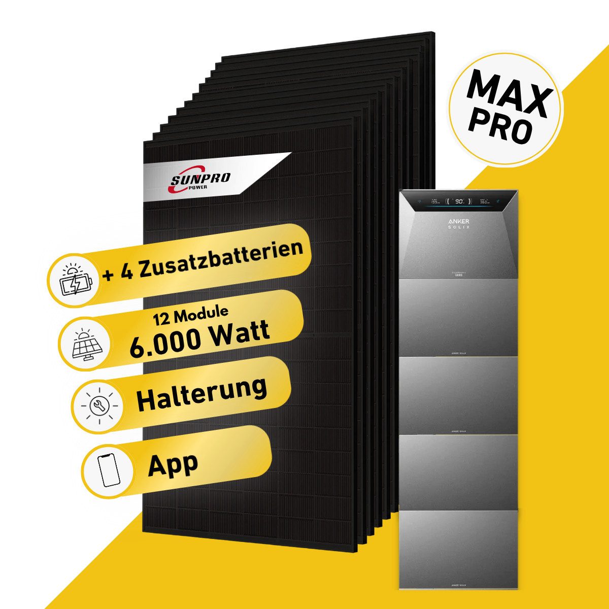 Balkonstrom Balkonkraftwerk 6000W mit Speicher, Anker 4 Pro, Komplettset, Bifazial, 6000 W, Monokristallin, (12x Sunpro Solarmodul á 500 Watt, 1x Anker Solix 4 Pro Solarspeicher E5000, 1-5 Zusatzspeicher BP2705), Halterung für Dach, Fassade, Balkon & Garten, App & Plug&Play DE