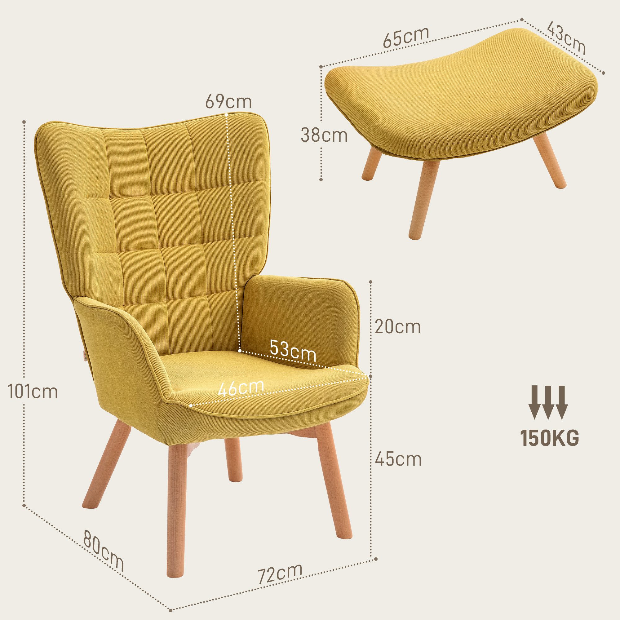 HOMCOM Relaxsessel mit Hocker, Kordoptik, Holzbeine (Ohrensessel, 2-St., Polstersessel), für Wohnzimmer, Orange