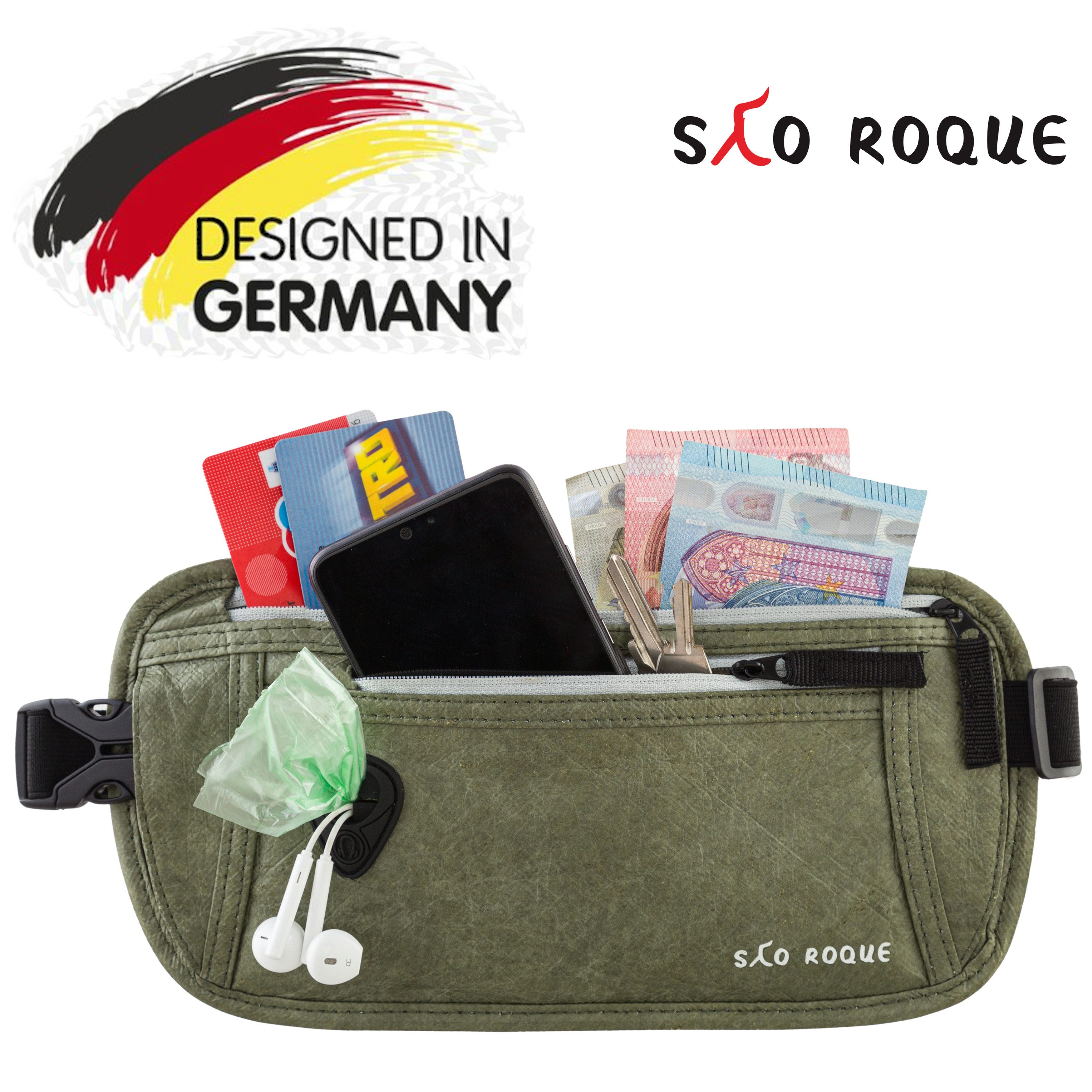SAO ROQUE Bauchtasche Flache Damen Herren Bauchtasche, Diebstahlsicher RFID Schutz, Vegan, ultraflach, schweiß- und wasserfest, ultraleicht